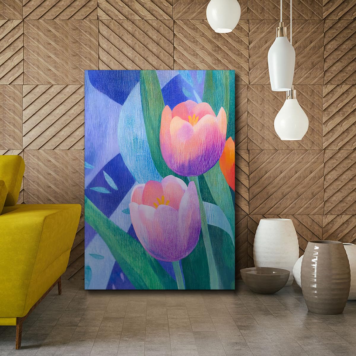 TOANGWALL Abstrakcyjny Geometryczny Tulipan Oprawiony Dzieło Płótno Nowoczesny Fioletowy Różowy Kwiat Botaniczny Zielony Liście Obraz Drukuj Giclee Plakat do Sypialni Biura Dekoracja 60x90cm