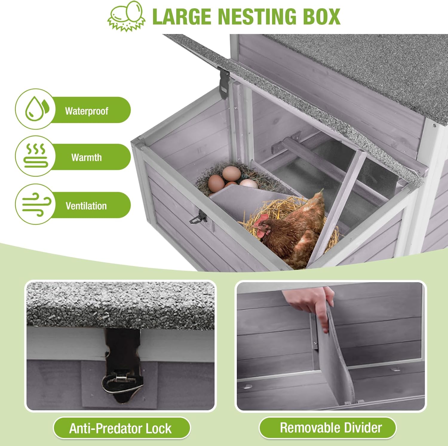 GUTINNEEN Outdoor Chicken Coop with Nesting Box, Weatherproof Hen House with Leakproof Pull-Out Tray, Oenable Roof, Poultry Coops for Chickens, Duck & Quail