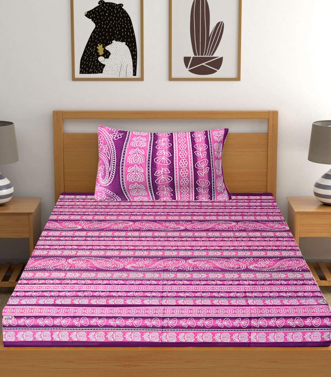 Fun Homes Kerry Design Cotton Single Bedsheet With 1 Pillow Covers, Pink