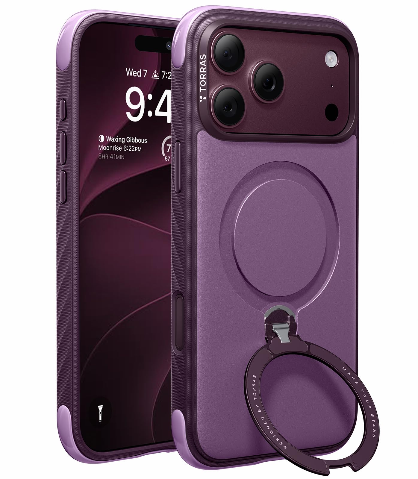TORRAS Ostand Q3 Rugged Coque iPhone 18 Pro Max, Support 360°, Violet Brun