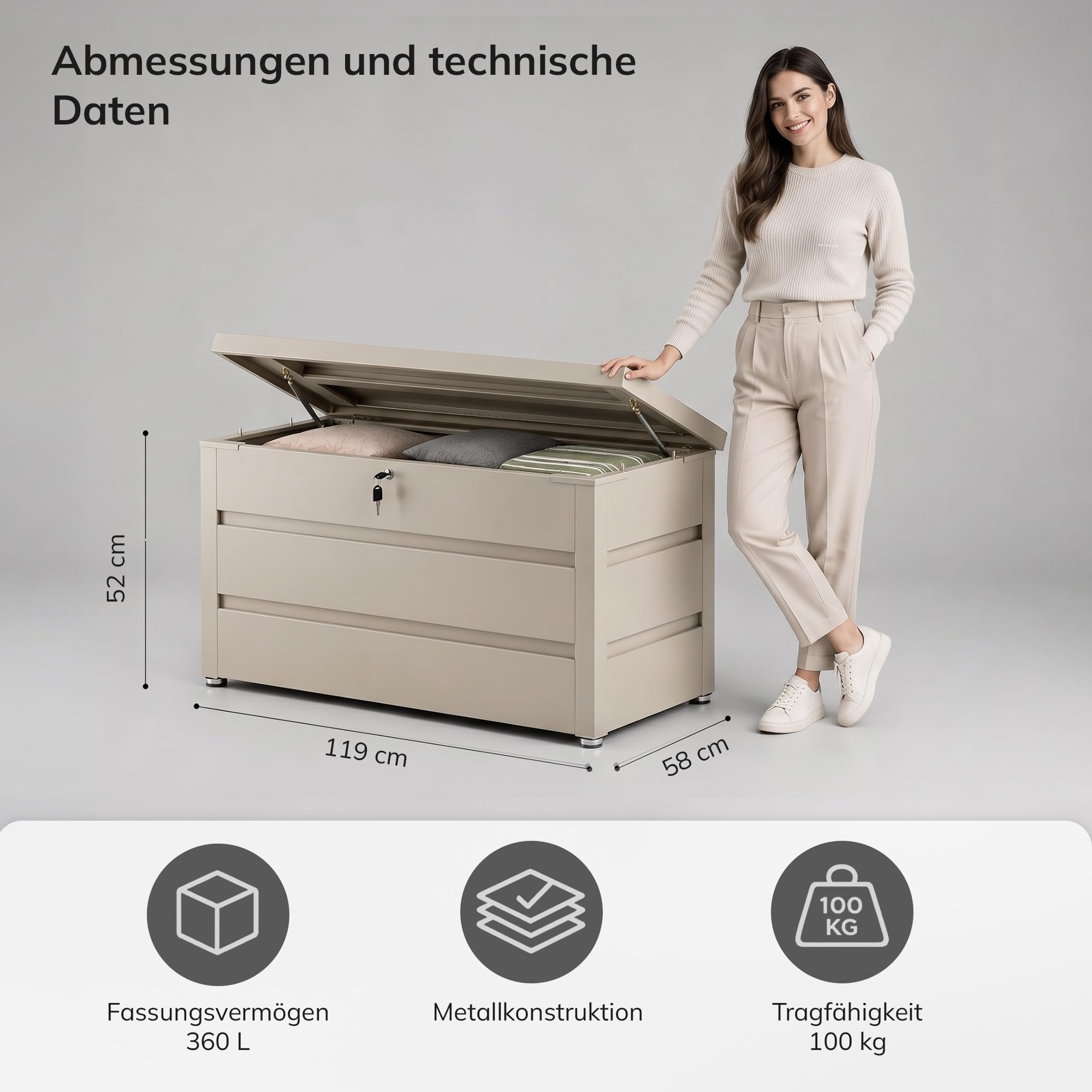 Jan Nowak Gartenbox Metall 360 L Auflagenbox wasserdicht abschließbar Kissenbox Stahl Balkonbox Terrassenbox Outdoor Aufbewahrungsbox mit Gasdruckfedern Sitzfunktion 119 x 58,7 x 52 cm