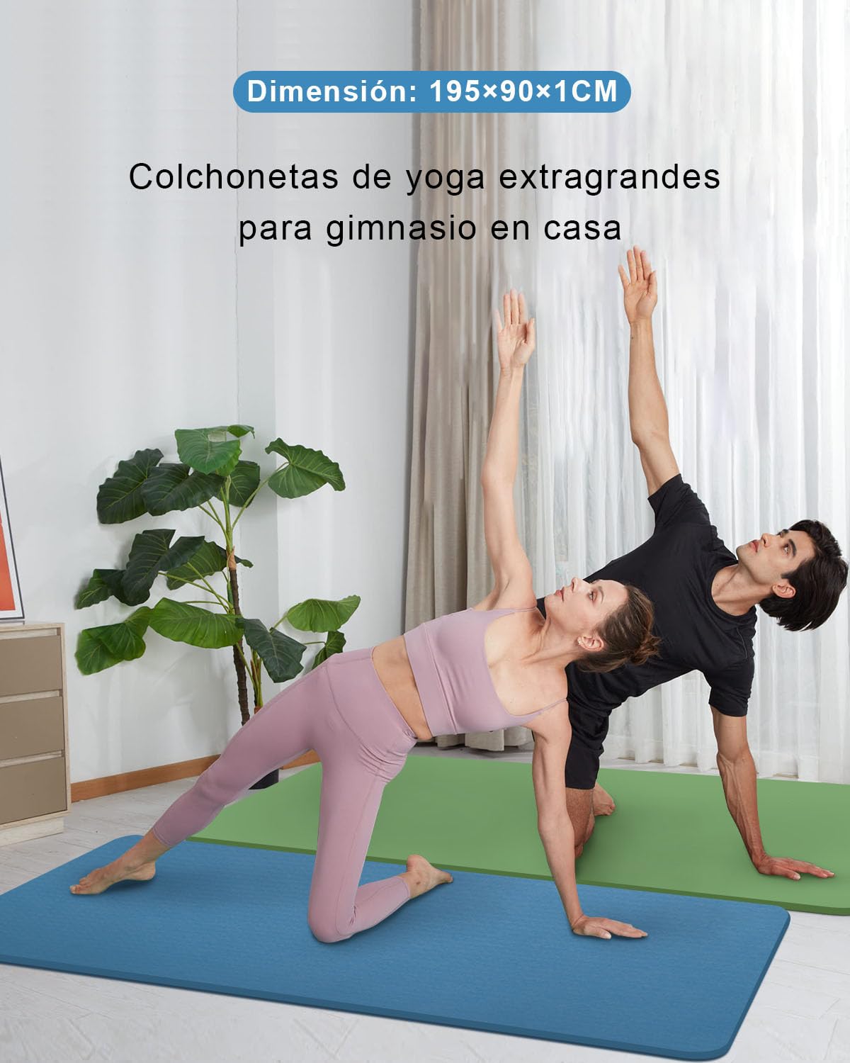 Esterilla de yoga antideslizante, 195 x 90 cm, TPE, 10 mm de grosor, esterilla de fitness XL, con correa de transporte + bolsa para pilates, yoga, entrenamiento
