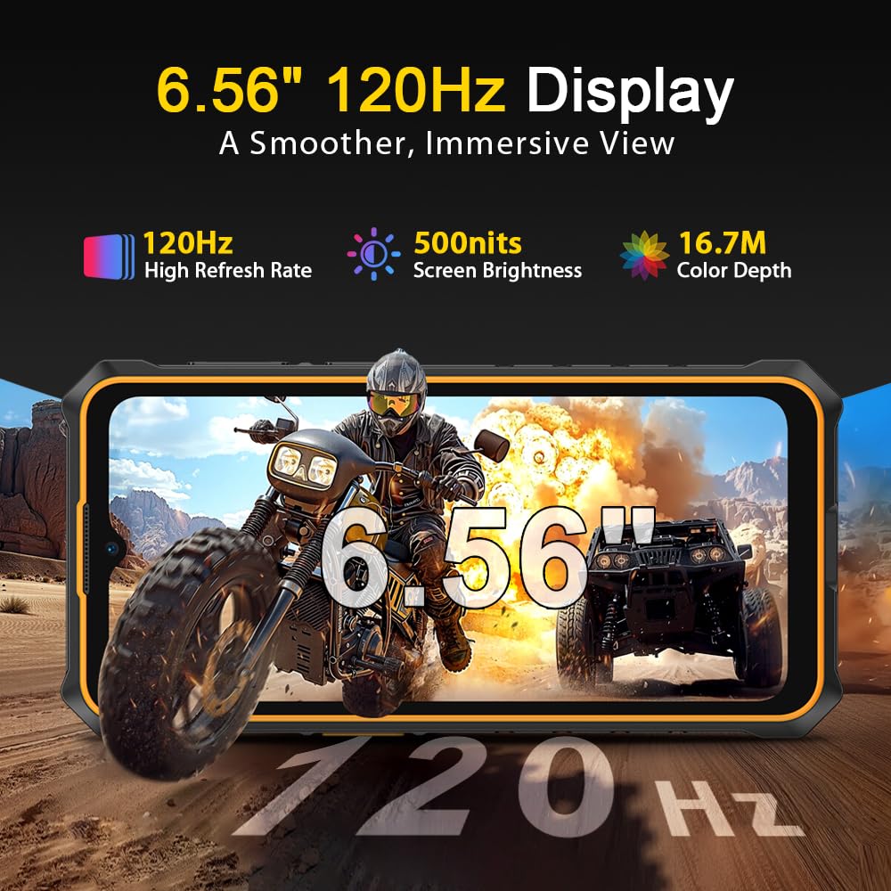 Ulefone RugKing 3 Pro Android 15 Rugged Smartphone 4G,16GB+128GB/TF 2TB, 6.56" HD+120Hz, 5700mAh Telefono Indistruttibile, 48MP+8MP, 120LM Super Torcia, 3-Slots/IP68/NFC/GPS/OTG/Con custodia,Nero