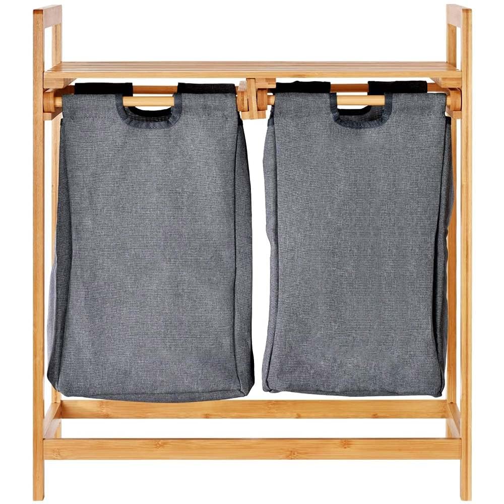 Bakaji Cesto Biancheria Sporca in Bambu Doppia Cesta in Tessuto Grigio, Portabiancheria da Casa, Bagno Con 2 Scomparti, Contenitore Salvaspazio Antiodore (74 x 64 x 33 cm)