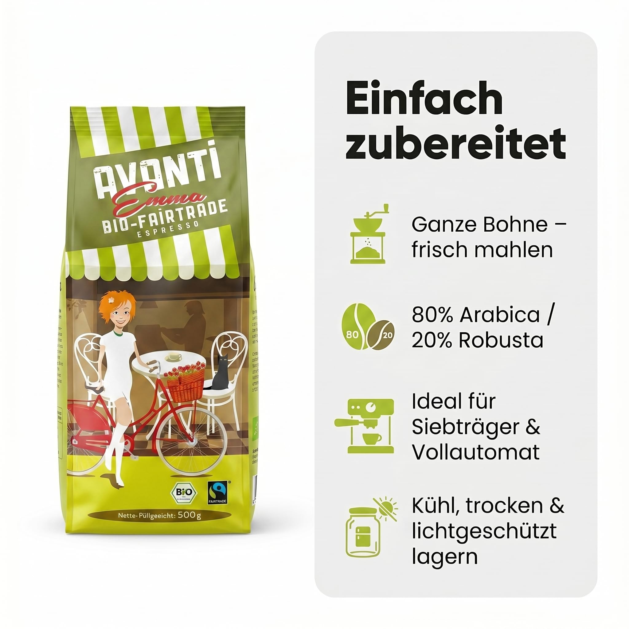4 x AVANTI Emma Kaffeebohnen, Fairtrade Espresso, ganze Bohnen 500 g, 80% Arabica 20% Robusta, säurearme Langzeit-Trommelröstung (mitteldunkel), Schweizer Röstung und Abfüllung