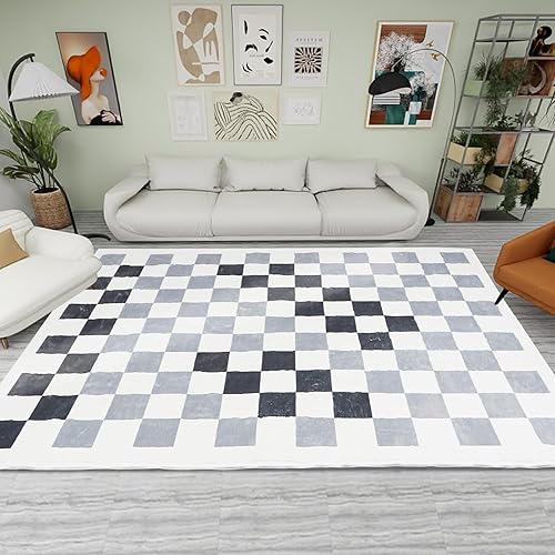 Miniatura 2 de AKASISRUG Alfombra a cuadros de 5 x 6.6 pies, lavable, estilo bohemio, con parte trasera de goma TPR antideslizante, alfombra de felpa suave a