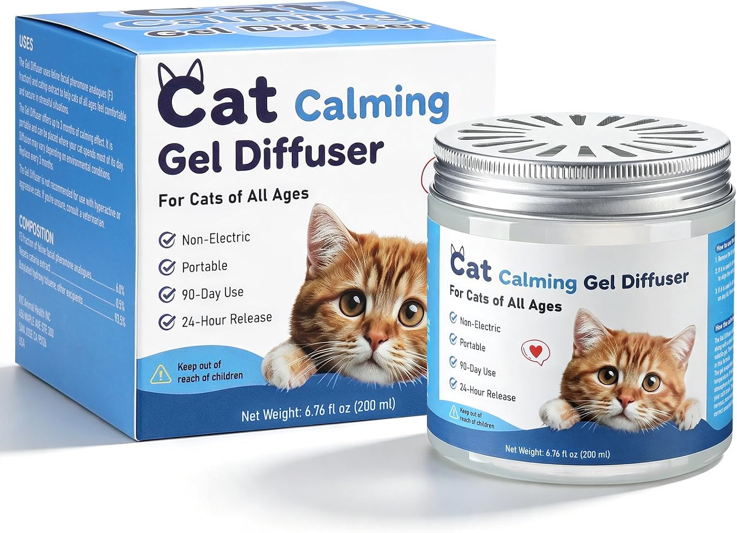 Cat Calming Diffuser Gel, Cordless Pheromone Stress Support for Cats- 200mL | 90-Day Long-Lasting Formula, Helping Reduce Fighting, Spraying & Scratching, Drug-Free, Portable for Home & Car Travel