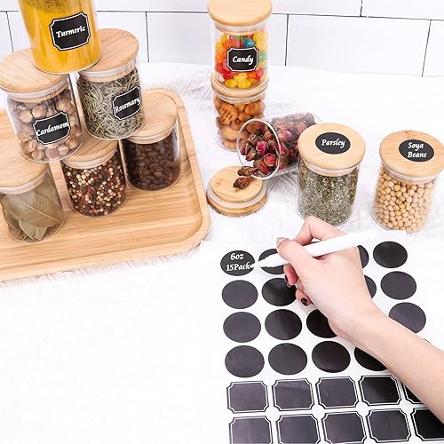 Miniatura 6 de Tarros de vidrio para especias de 6 onzas con tapas de bambú, paquete de 15 recipientes herméticos de almacenamiento de alimentos de 6.8 fl oz