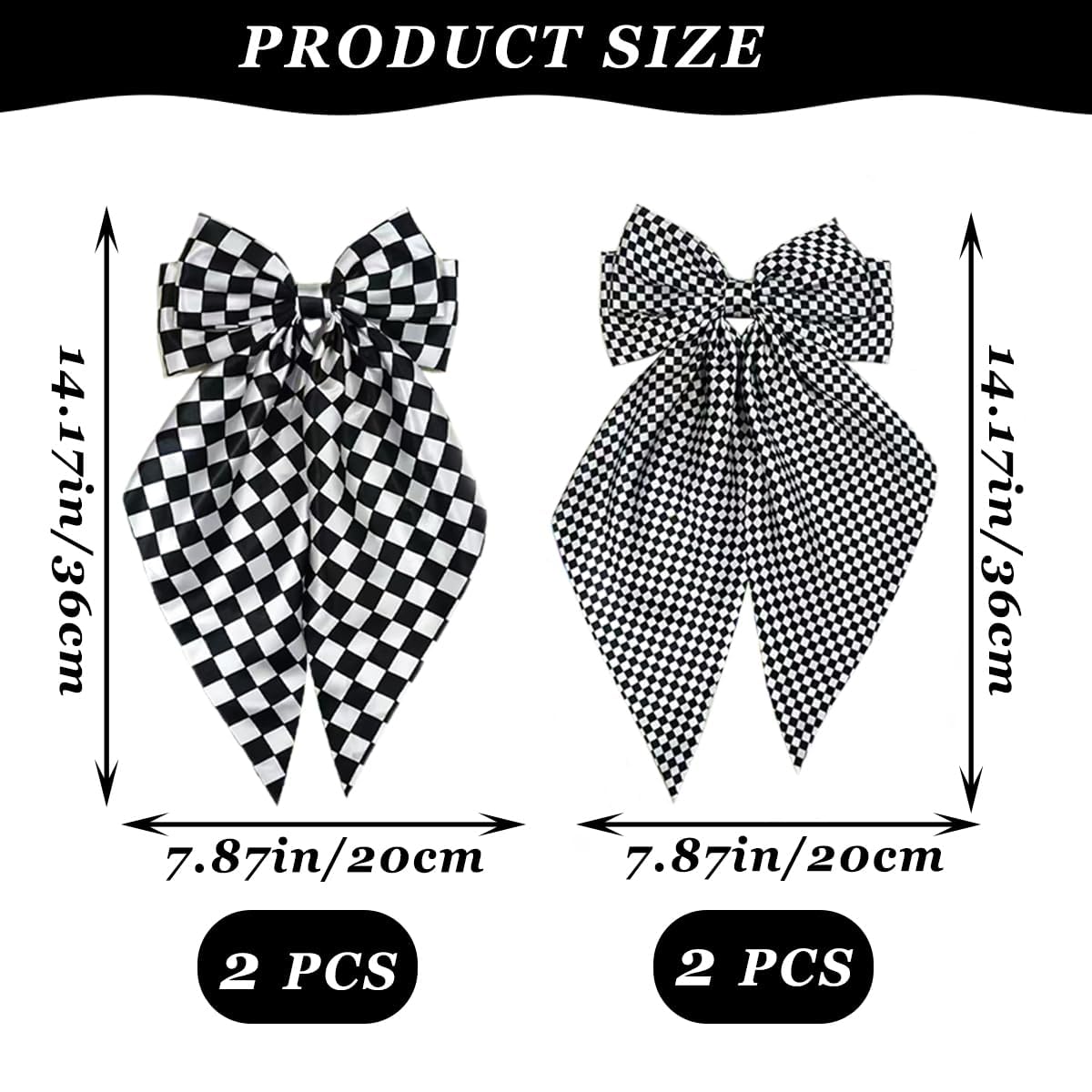 4 PCS Oversized Hair Bows for Women Girls Checkered Bow Hair Clips Large Black White Bowknot Barrettes Long Tail Vintage Headdress Fashion Ponytail Hairpin Metal Duckbill Clip Hair Accessories - Image 2