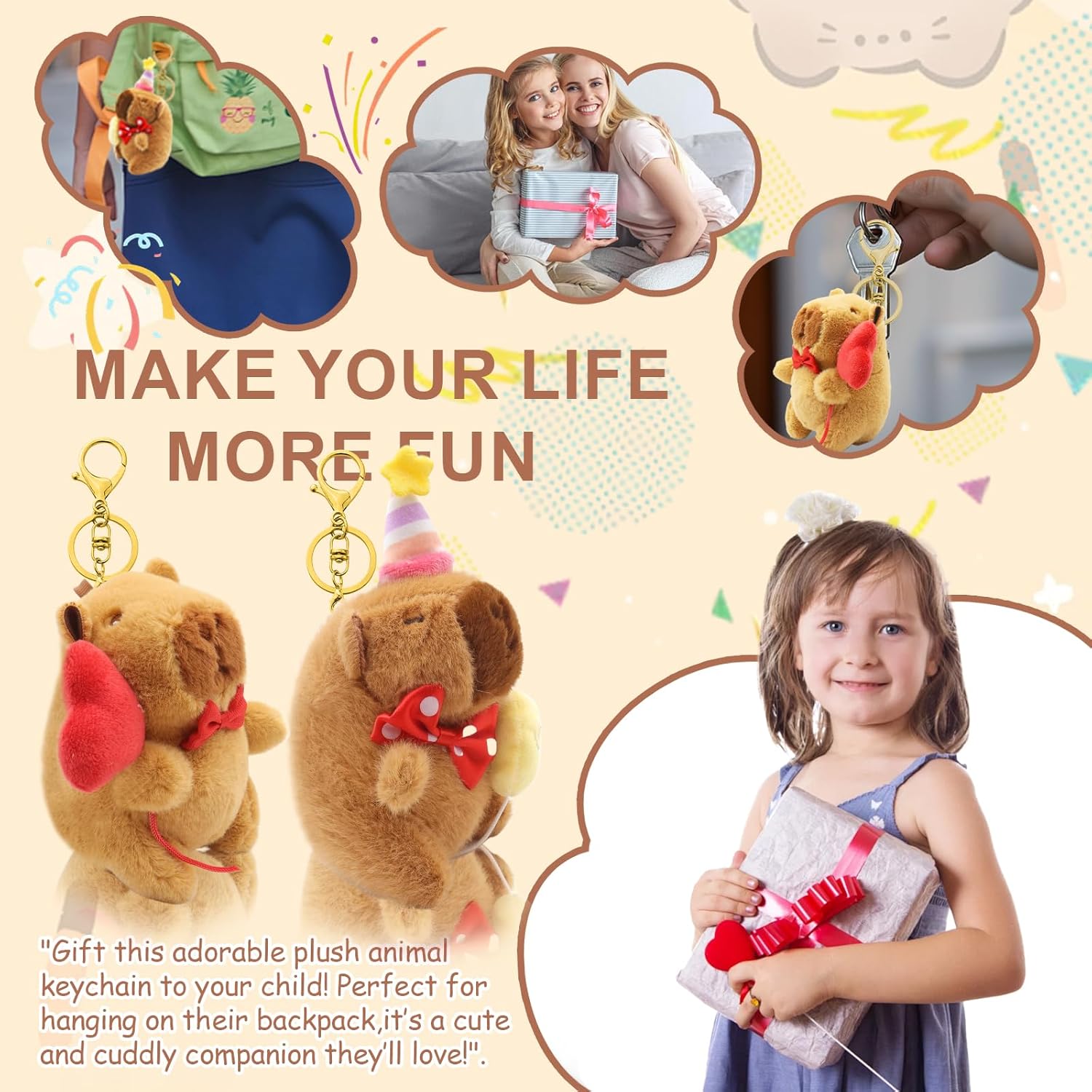 2 Pack Capybara Keychain Plush, Capybara Peluche Cute Key Chain with Clothes Backpack Accessories, Soft Animal Birthday Party Gift for Adults, Christmas Crafts, Stocking Stuffers (Birthday hat) - Image 5