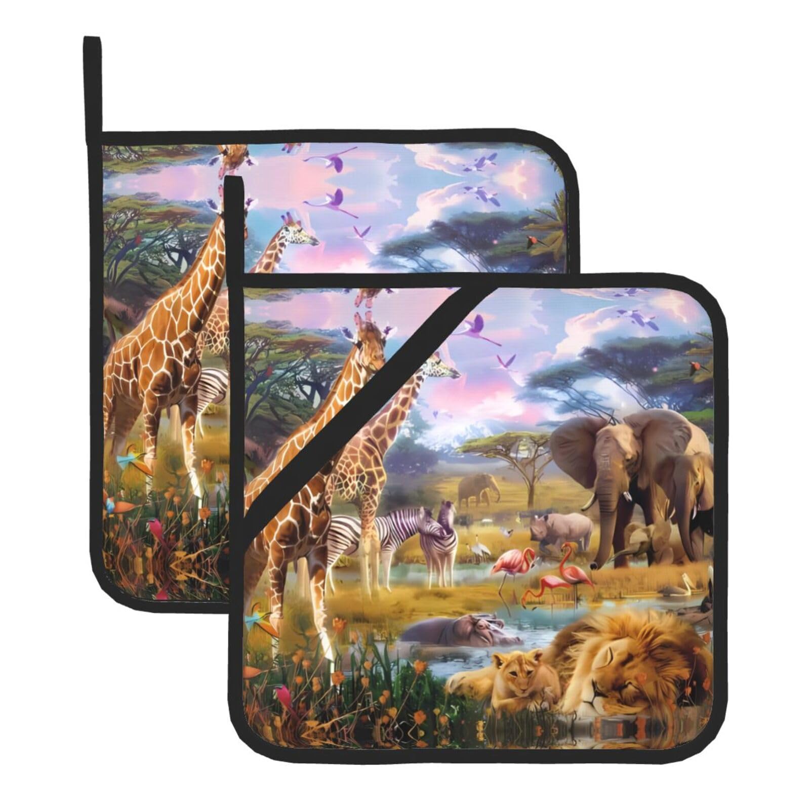 WHJSHOP Wild Animals Prints Square Hot Pads for Kitchen - Waterproof Pot Covers with Hanging Loops - Thick Heat Resistant Trivets for Serving & BBQ, 2-Piece Set