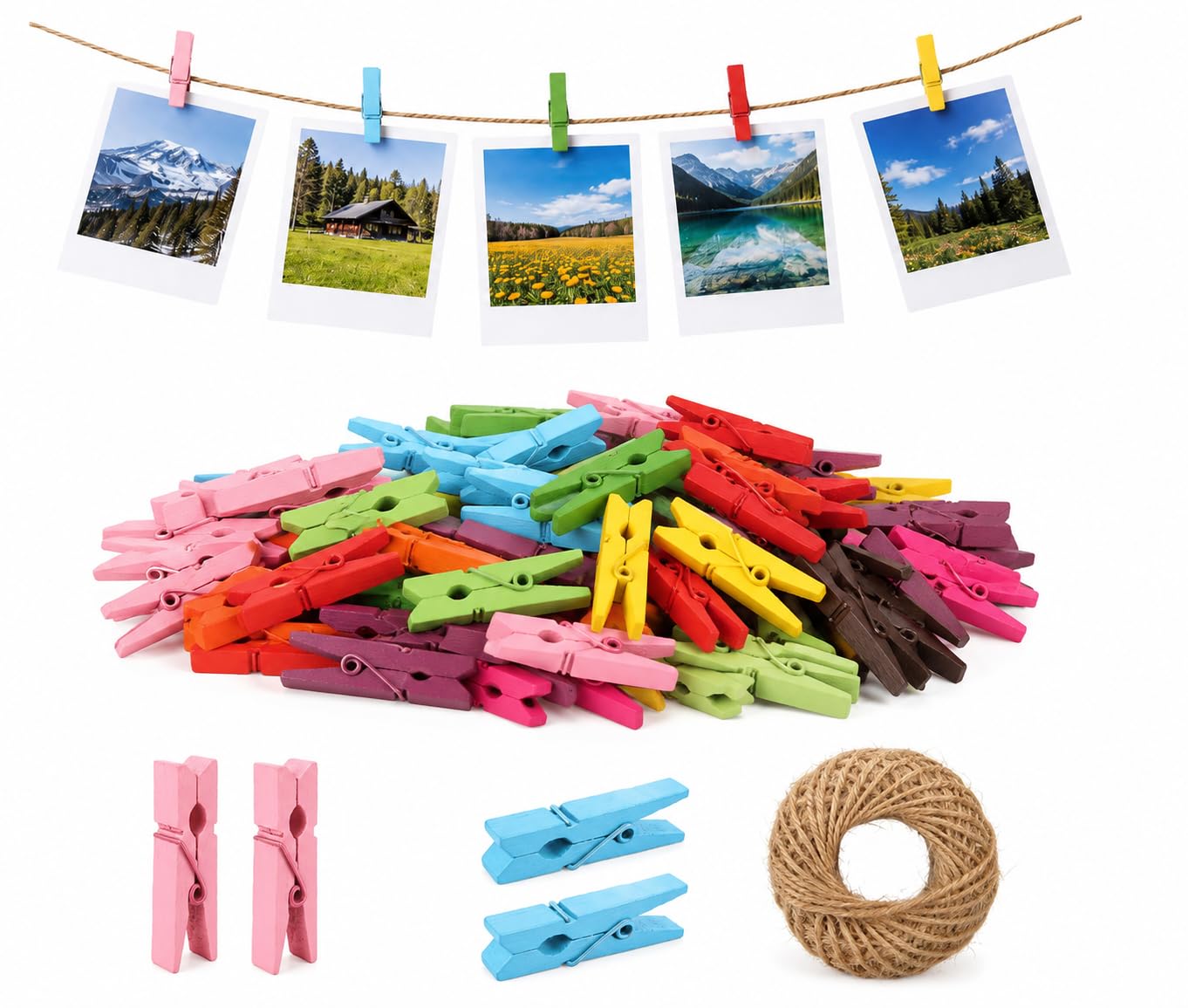 jijAcraft 1.4Inch Mini Clothes Pins - 100Pcs Wooden Clothespins with String