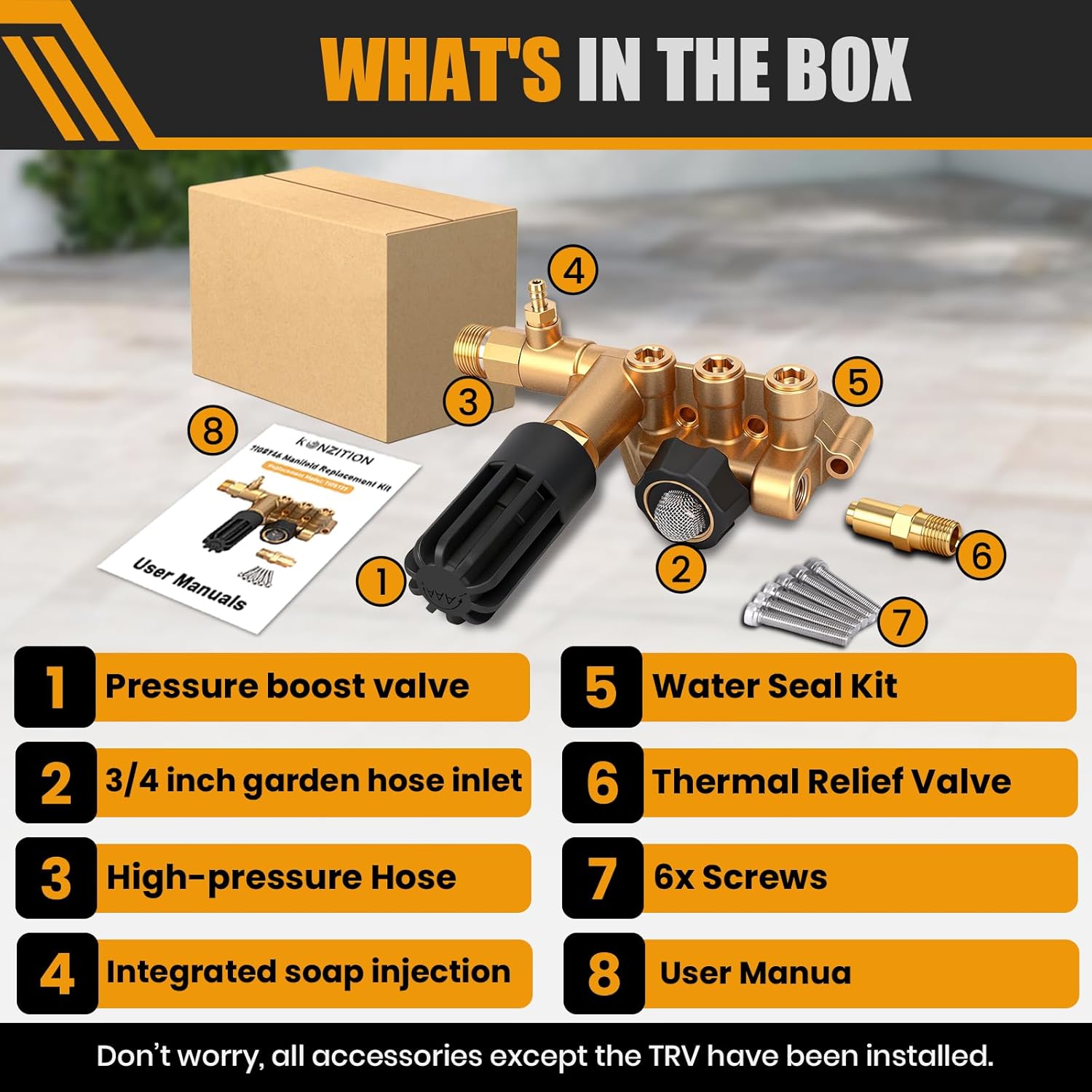 Premium 7108746 AAA Pump Manifold Replacement Kit for AAA Pressure Washer Pump Model Numbers 530008, 530009, 530016, Heavy Duty 7108746 Manifold Kit with Hardware, Gold - Easy to Install