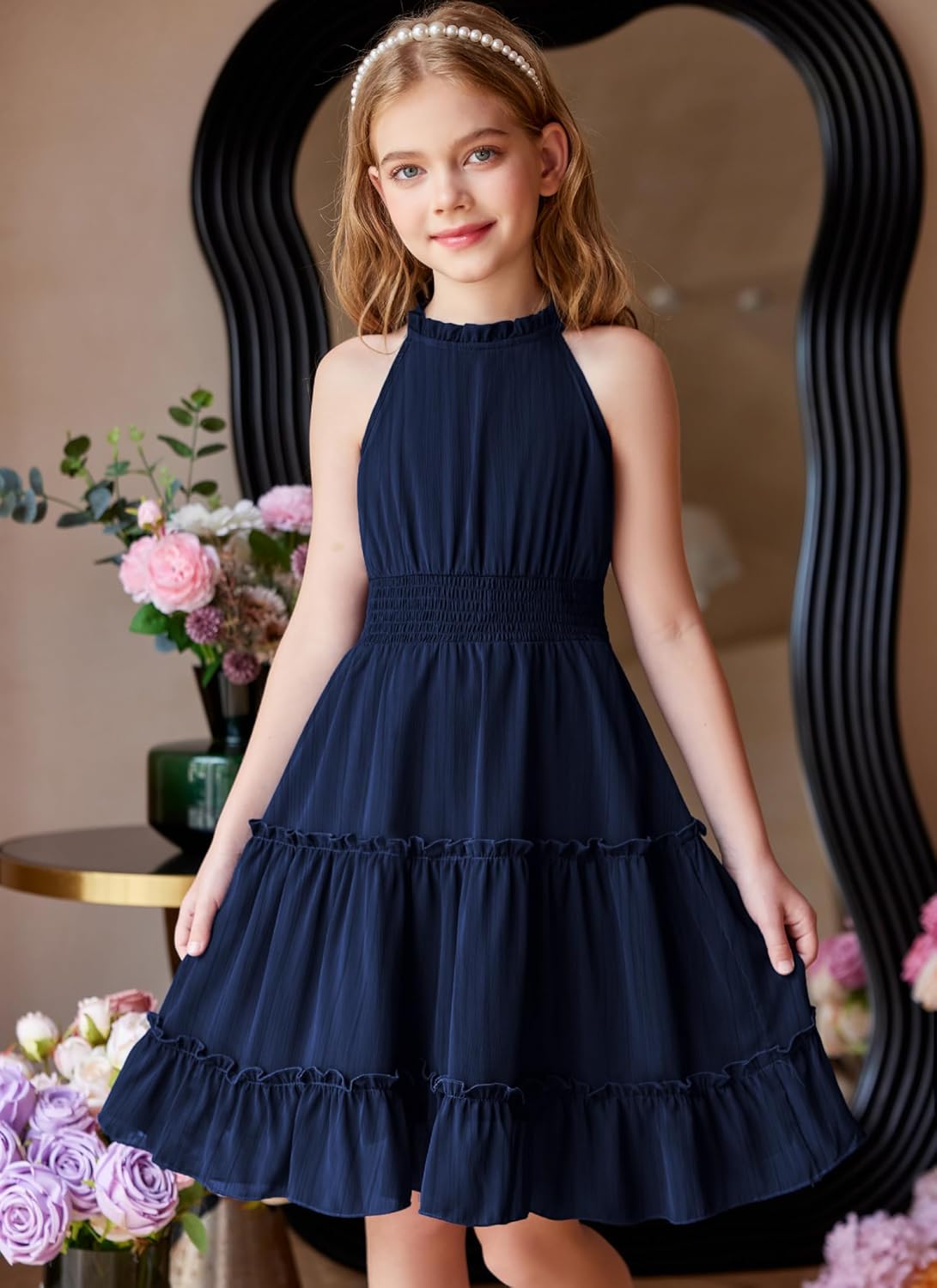 Arshiner Girls Halter Neck Sleeveless Dress Casual Flowy Smocked Cute Summer Dress for 5-12 Years - Image 2