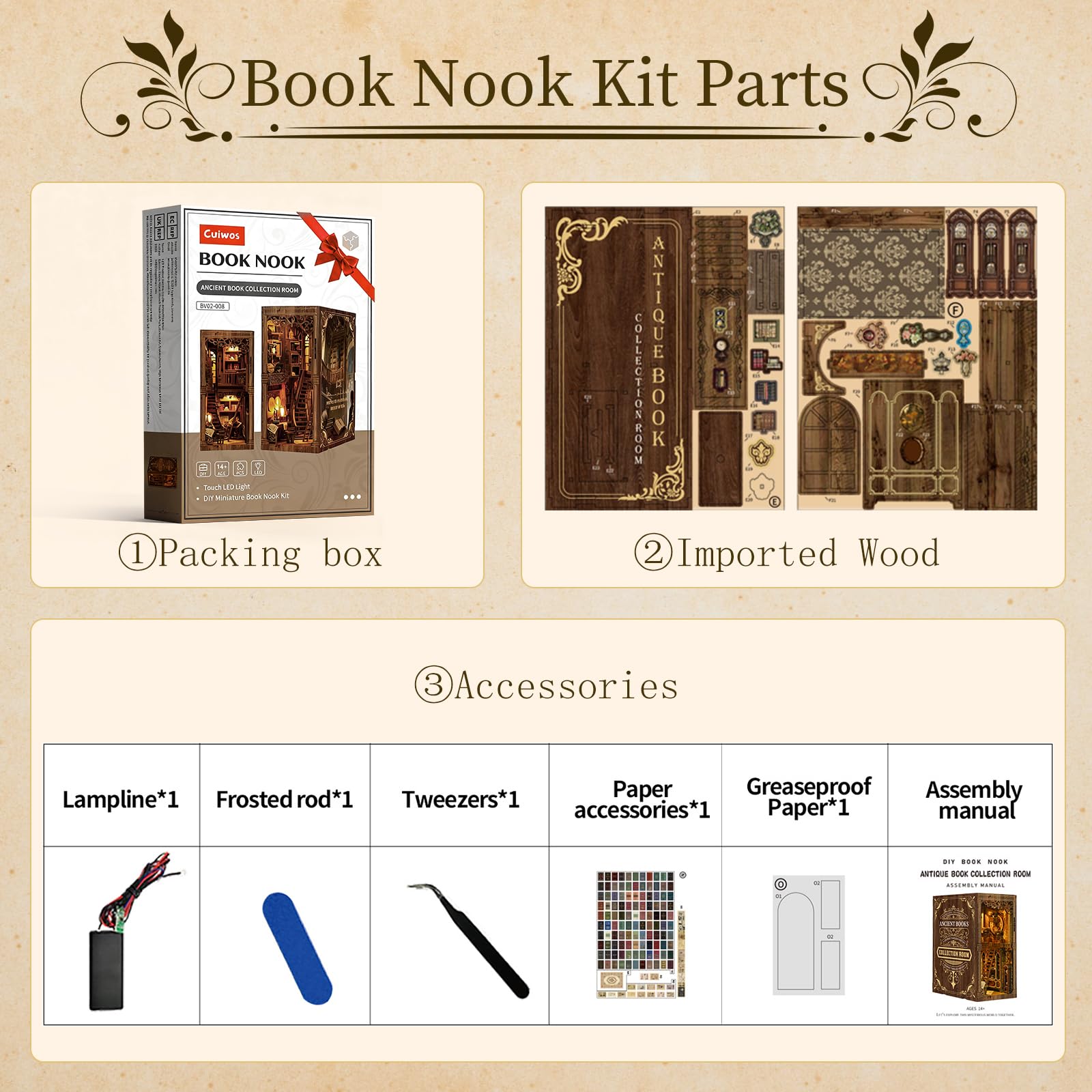 Book Nook Bausatz (Klassische Edition) – DIY Miniatur-Holzpuzzle | Vintage Bücherzimmer mit LED-Beleuchtung | 3D-Puppenhaus-Buchstütze für Bücherregal-Dekoration | Kreatives Geschenk
