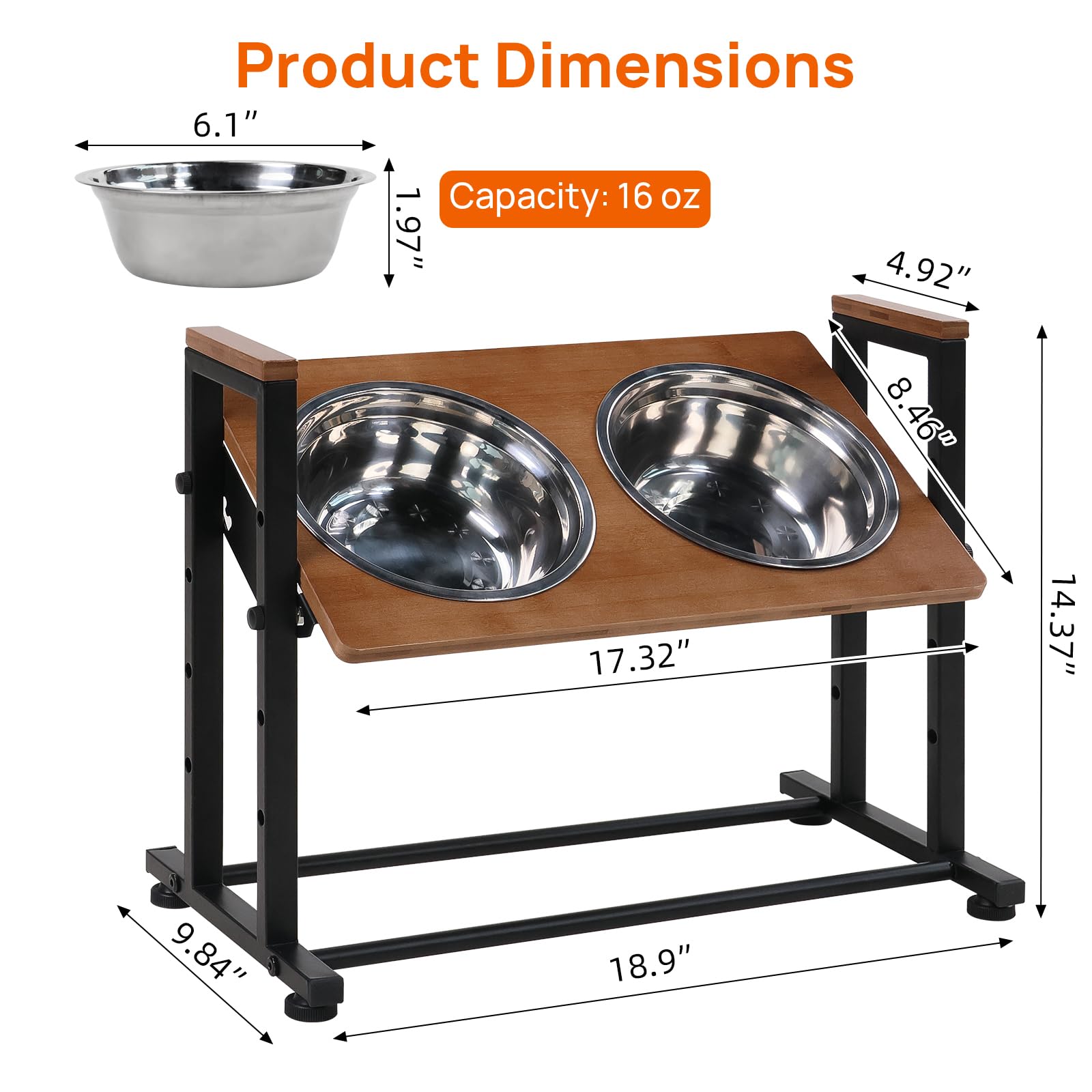 Soporte de comedero para Mascotas de Altura Ajustable con 2 Cuencos de Acero Inoxidable, Parte Superior de Madera y Marco de Metal Negro para Perros/Gatos, estación elevada de Alimentos/Agua (marrón