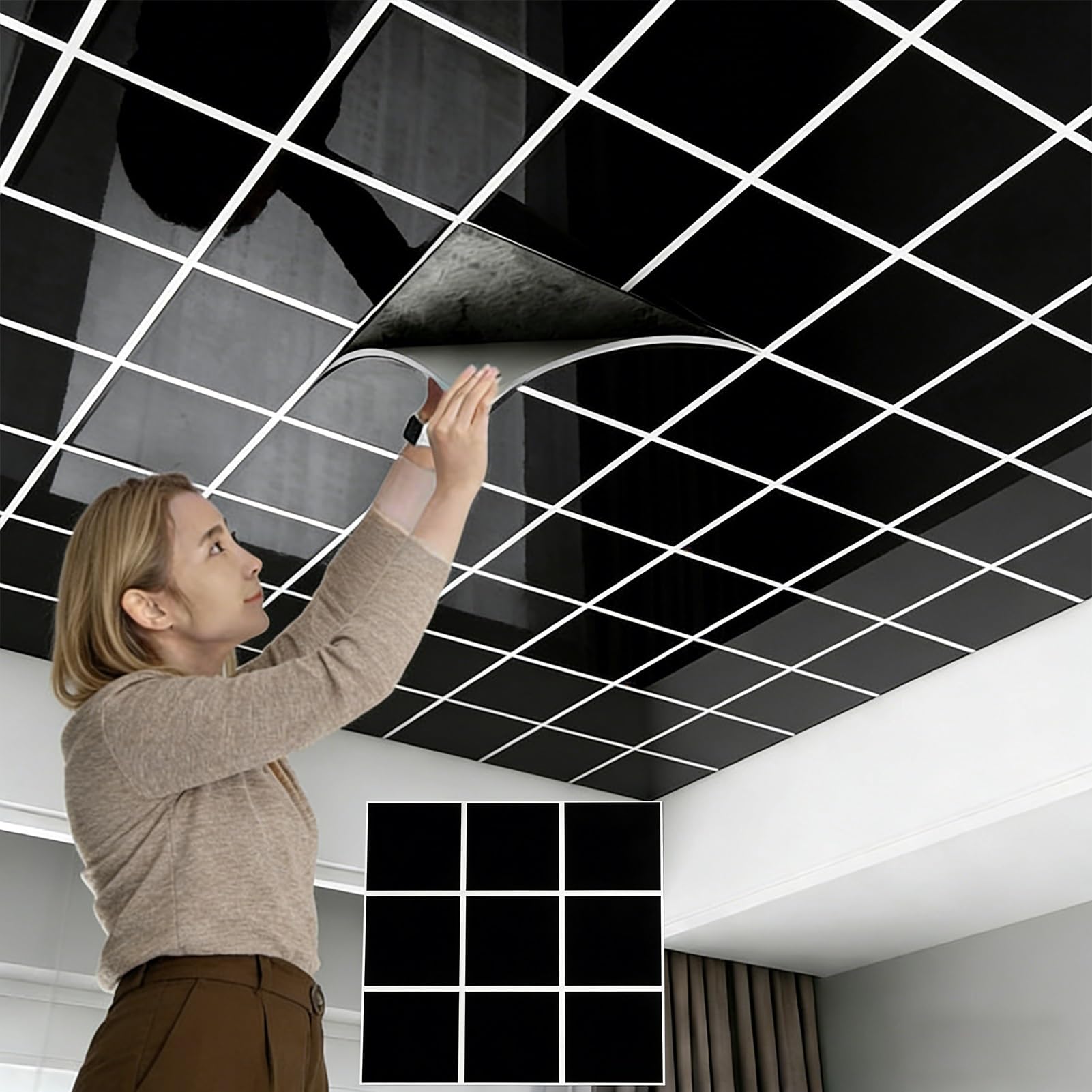 Paneles de techo suspendido de PVC autoadhesivos negros, placas de plástico cuadradas para pared