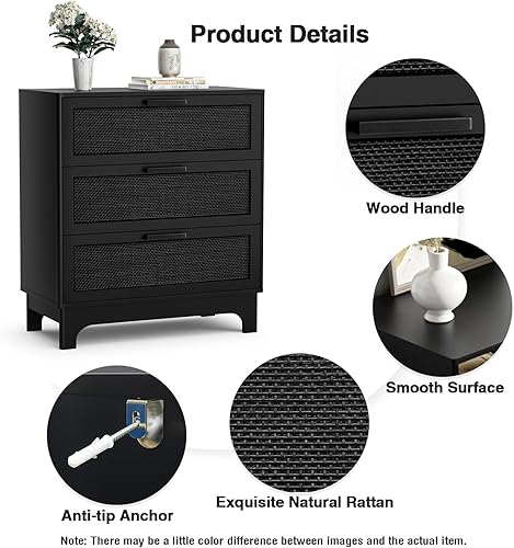 Miniatura 8 de Anmytek Cómoda de ratán negro de 35 pulgadas de alto, cómoda de granja de 3 cajones con ratán natural espaciosa cómoda para sala de estar,