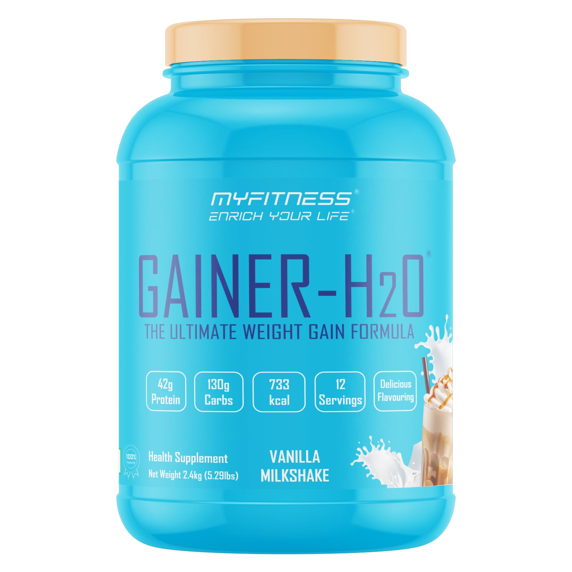 Myfitness Gainer H2O | The Ultimate Weight Gain Formula | 42g Premium Protein | 733 kcal | (2.4kg, Vanilla Milkshake)-image-38