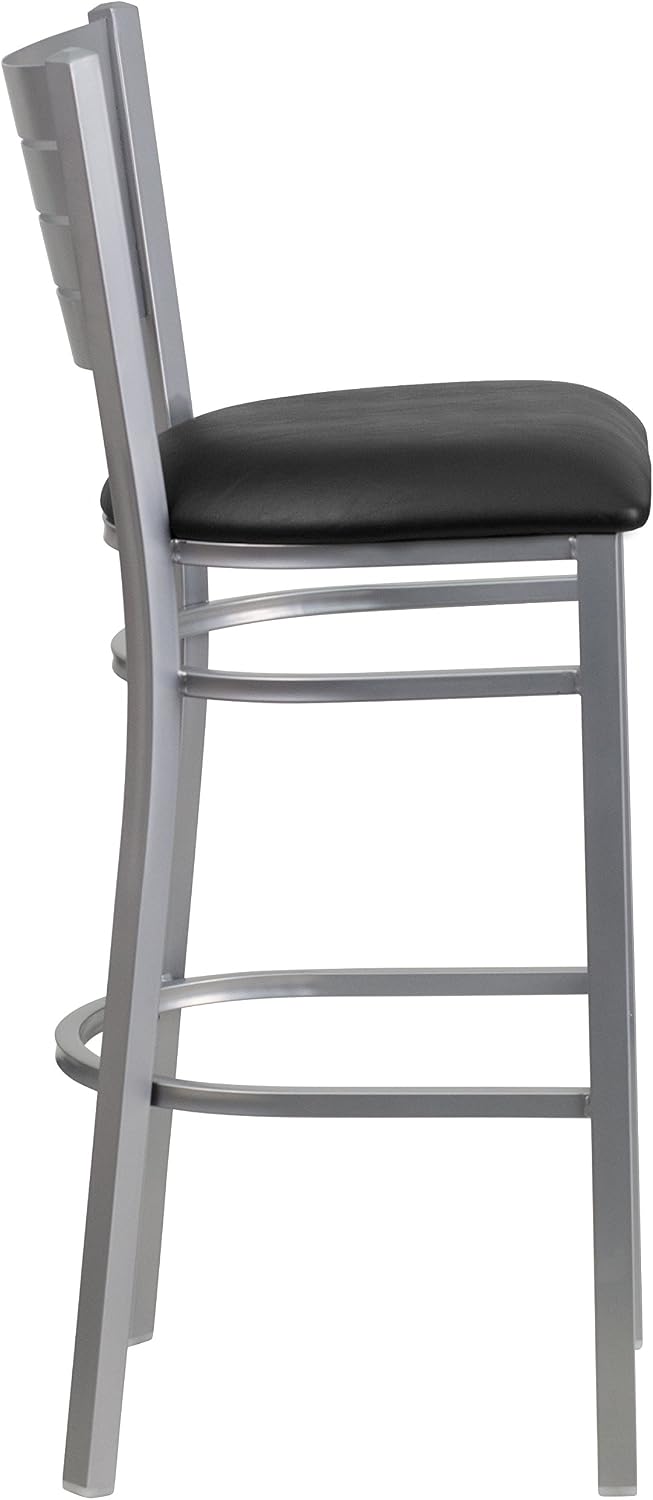EMMA + OLIVER Silver Slat Back Metal Barstool, Black Vinyl Seat
