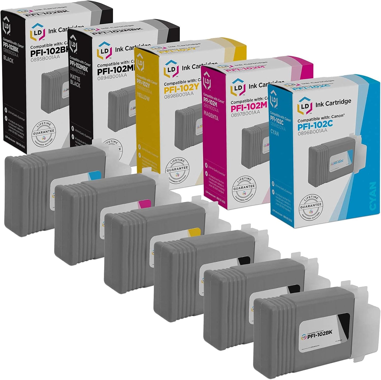 LD Compatible Ink Cartridge Replacement for Canon PFI-102 (2 Matte Black, 1 Black, 1 Cyan, 1 Magenta, 1 Yellow, 6-Pack) Compatible with Canon imagePROGRAF iPF500 iPF600 iPF700 MFP iPF755 MFP and More