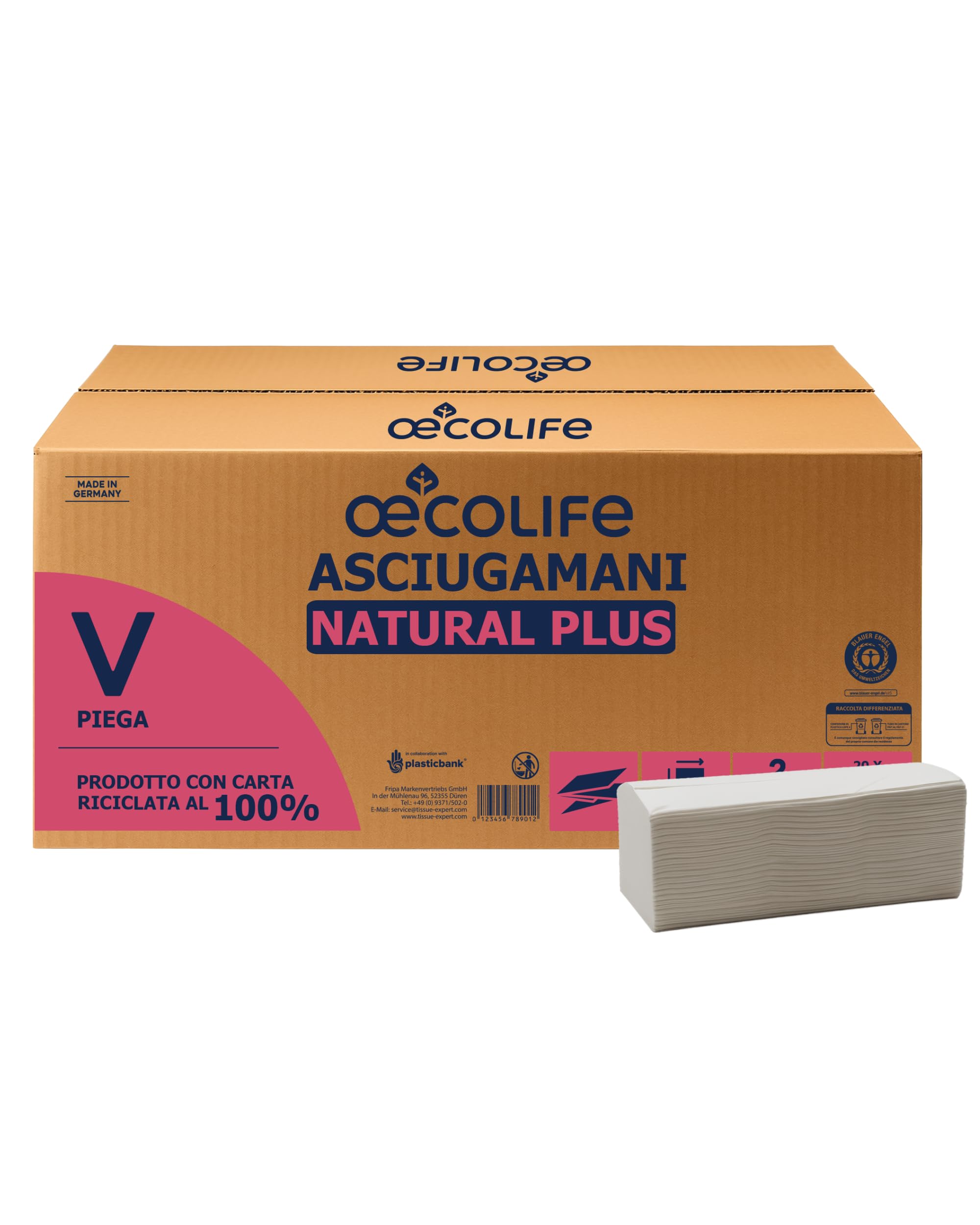 œcolife Natural Plus Asciugamani di Carta Piegati, 3000 Fogli, 2 Veli, 100% Carta Riciclata Ecologica (Colore Naturale/Avana), Salviette Mani Intercalate per Dispenser, Ultra Assorbenti (25 x 23 cm)