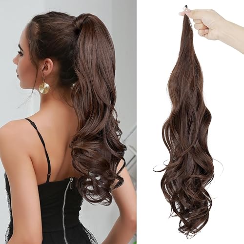 Long Wavy Brown Ponytail Extension, Bendable Metals Wrap Around Womens Ponytail Hair Extensions for Women Synthetic Natural Ponytail (Medium