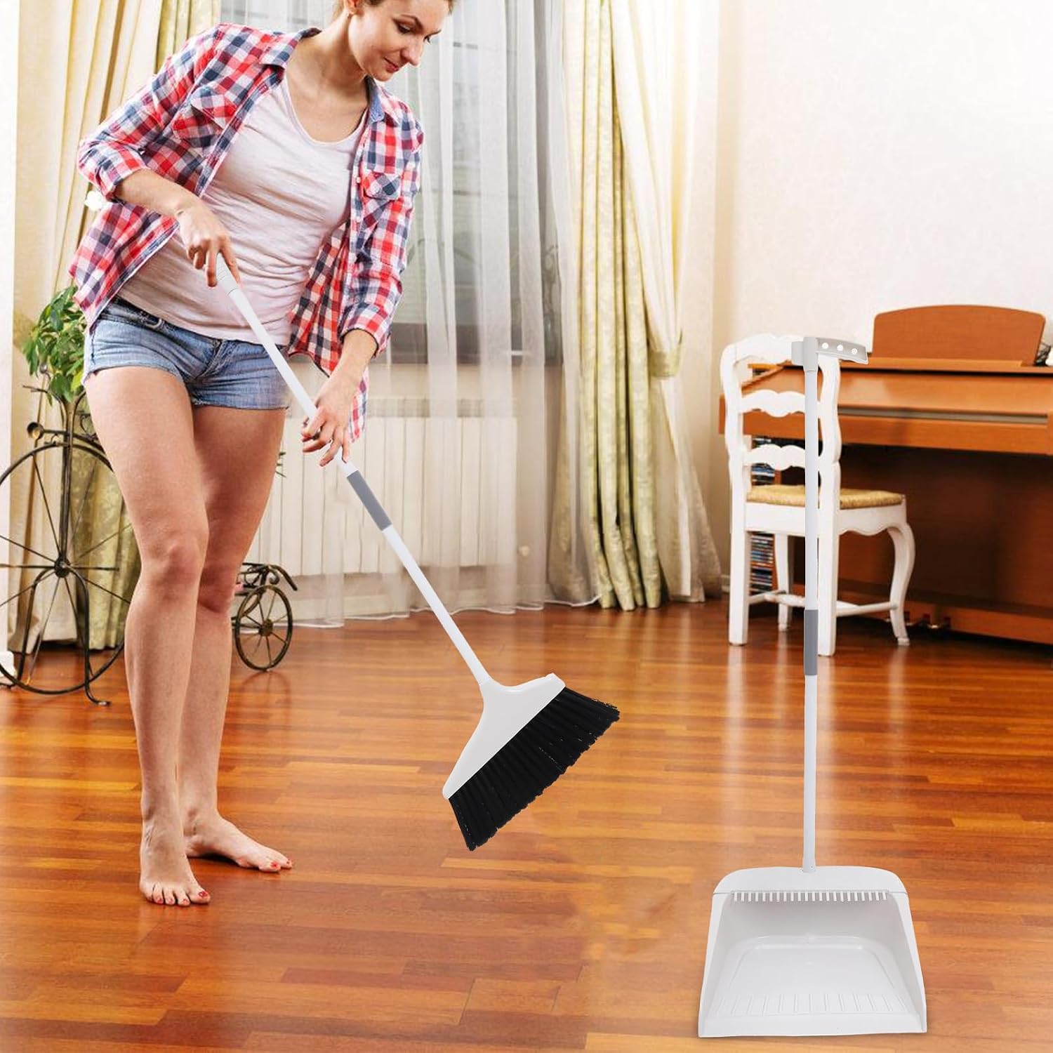 Soft Bristle Broom Dustpan Set with Long Handle Stand-up Design