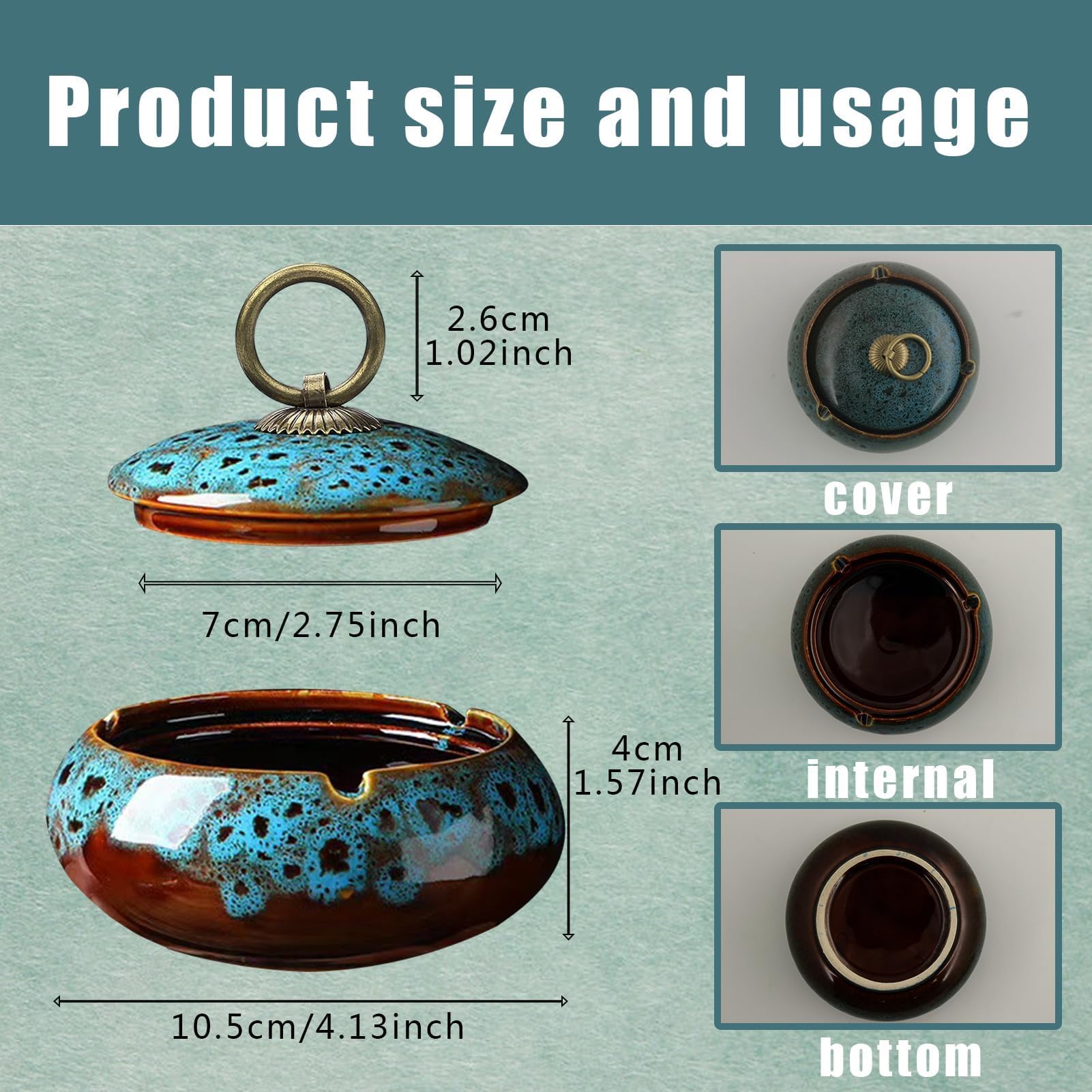 Posacenere da Tavolo Ceramica, Posacenere con Coperchio, Ashtray Ceramic, Antivento, Design Retrò, Adatto per Casa, Ufficio, Scrivania, Patio e Uso Esterno (Blu)
