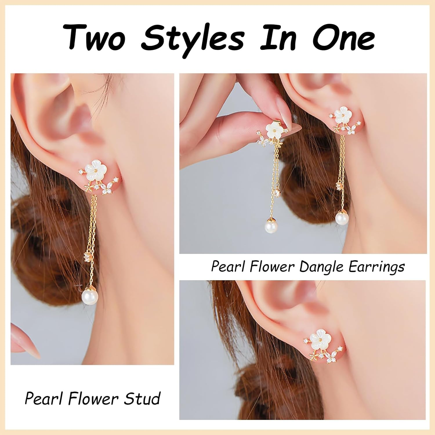 Dangle Pearl Drop Earrings for Women Trendy Long Threader Chain Dainty Flower Wedding Bridal Earrings for Brides Cute 14K Gold Statement Sparkly Jewelry - Image 3
