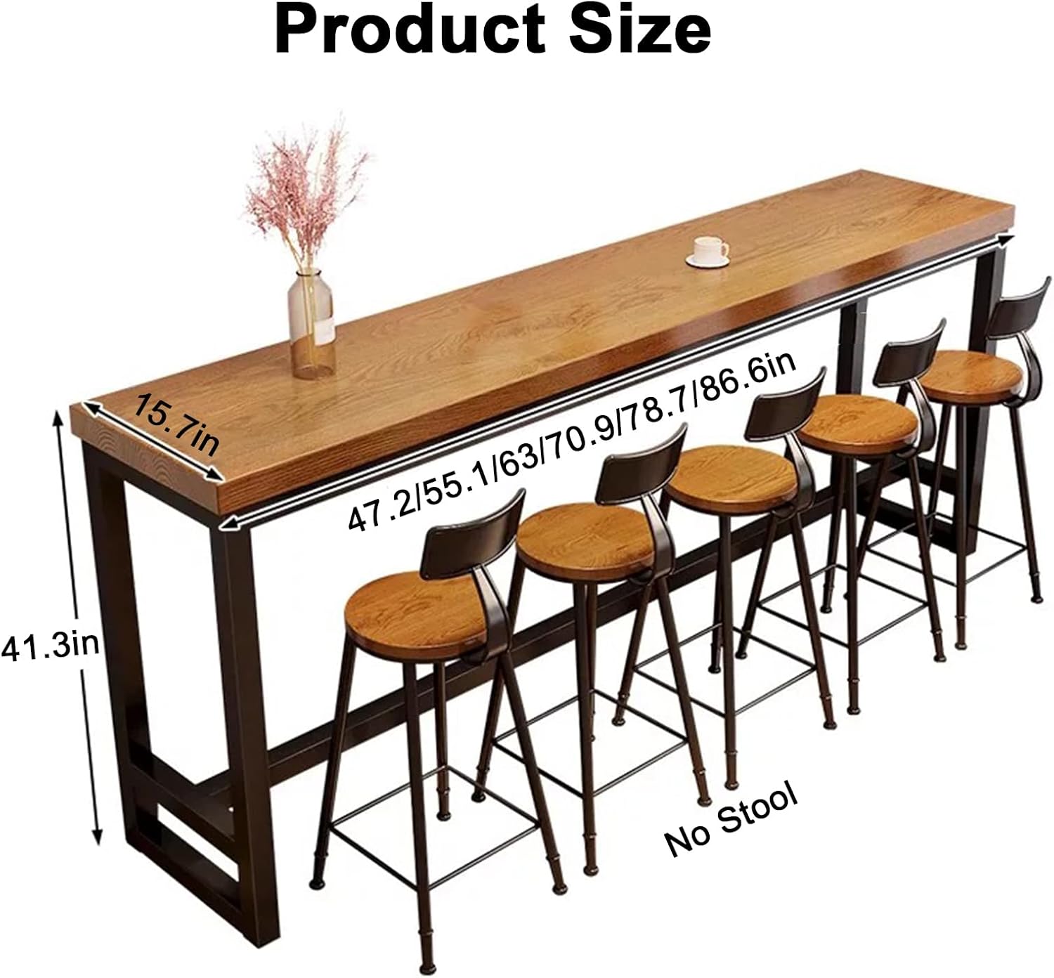Long Narrow Bar Table Solid Wood with Metal Base,for 2,4,6,8,Industrial,Farmhouse,Live Edge,Rectangular,Bar Height Dining Table,Tall Pub Table,No Stool (Wood)
