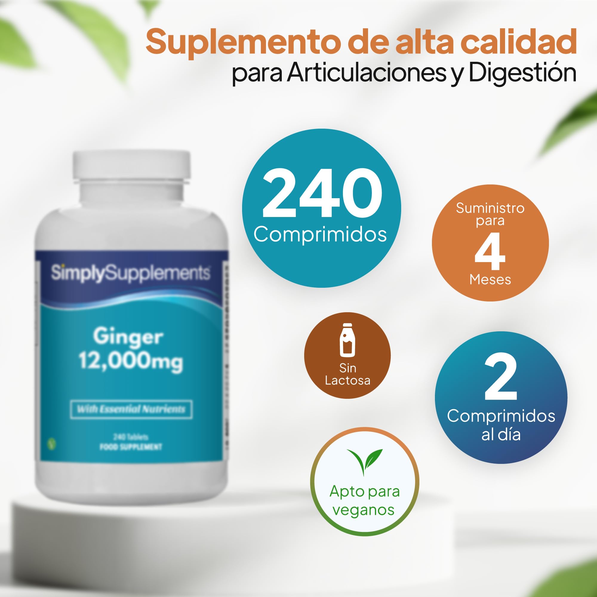 Comprimidos de jengibre | Ayuda a las articulaciones, huesos y energía | Con calcio y manganeso añadidos | 240 comprimidos de alta potencia = 4 meses de suministro | Ayuda articular y digestiva