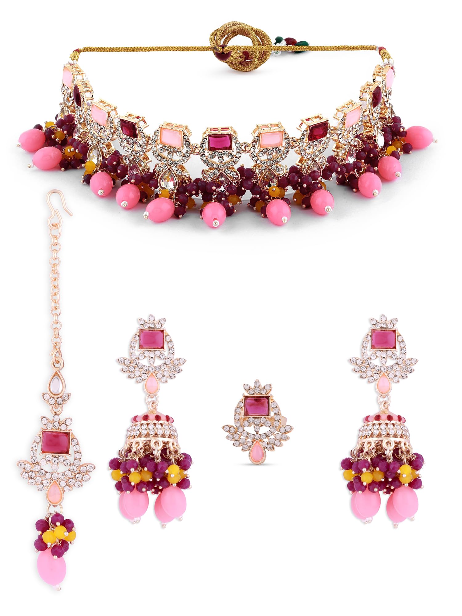 ZAVERI PEARLS Multi Colour Artificial Stone Beads Choker Necklace Earring Maangtikka Ring Set For Women-ZPFK16384 (B0CGNZ1GJQ) Amazon Price History, Amazon Price Tracker