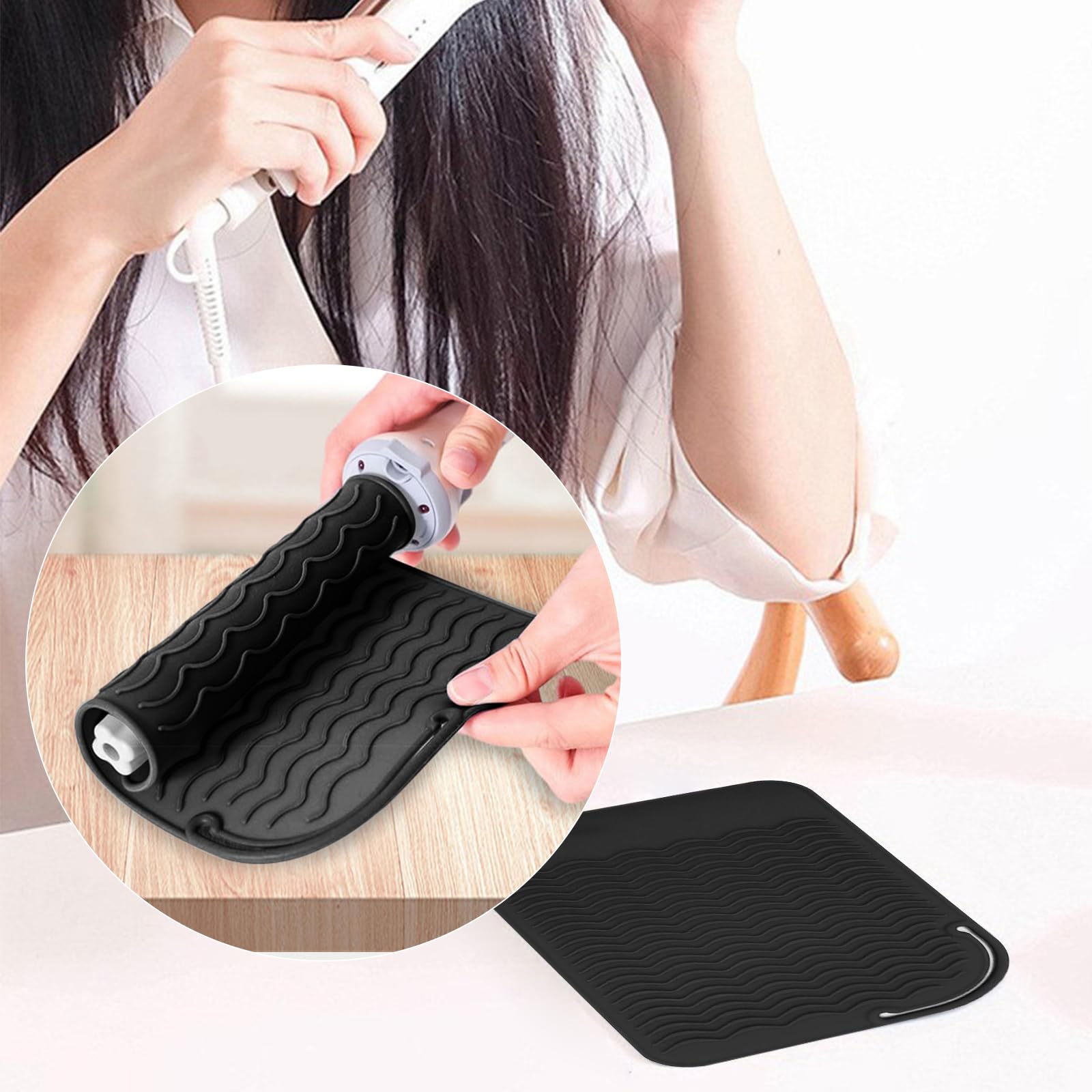 Souvik Ensemble de Protection Thermique pour Lisseur et à Boucler Tapis en Silicone Antidérapant et Gant Résistant à la Chaleur pour Outils de Coiffure Plat et à Friser Noir