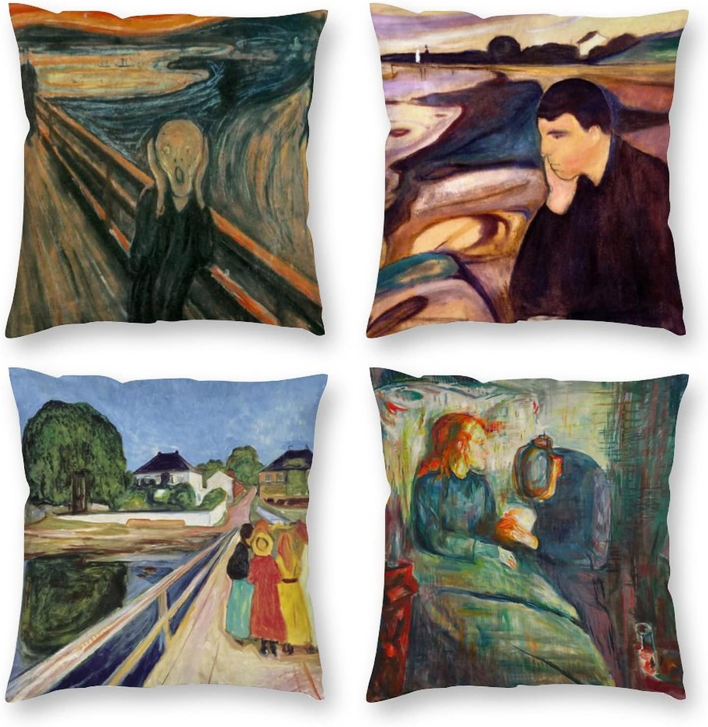 HOSTECCO Set of 4 Edvard Munch Expressionism Pillow Covers The Scream Melancholy Art Painting Pillow Cases Velvet Decorative Cushion Covers 18x18 inches