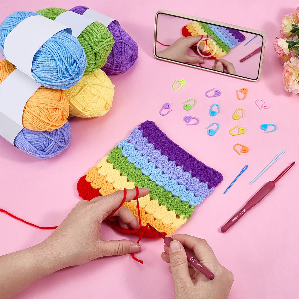WEBEEDY Regenbogen Häkeldecke Set Mit Videoanleitung Für Erwachsene Anfänger Lernset Zum Häkeln Einer Decke Mit Weichem Garn Und Häkelnadel Für Einfache Strickgeschenke 88x38cm