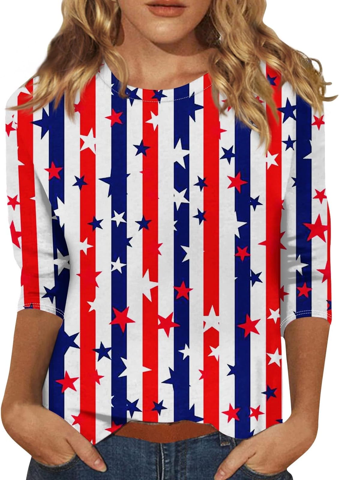 4th of July Tops for Women 3/4 Length Sleeve Womens Crewneck Summer Tops 2024 Graphic Tees Red White and Blue Shirts Blouse
