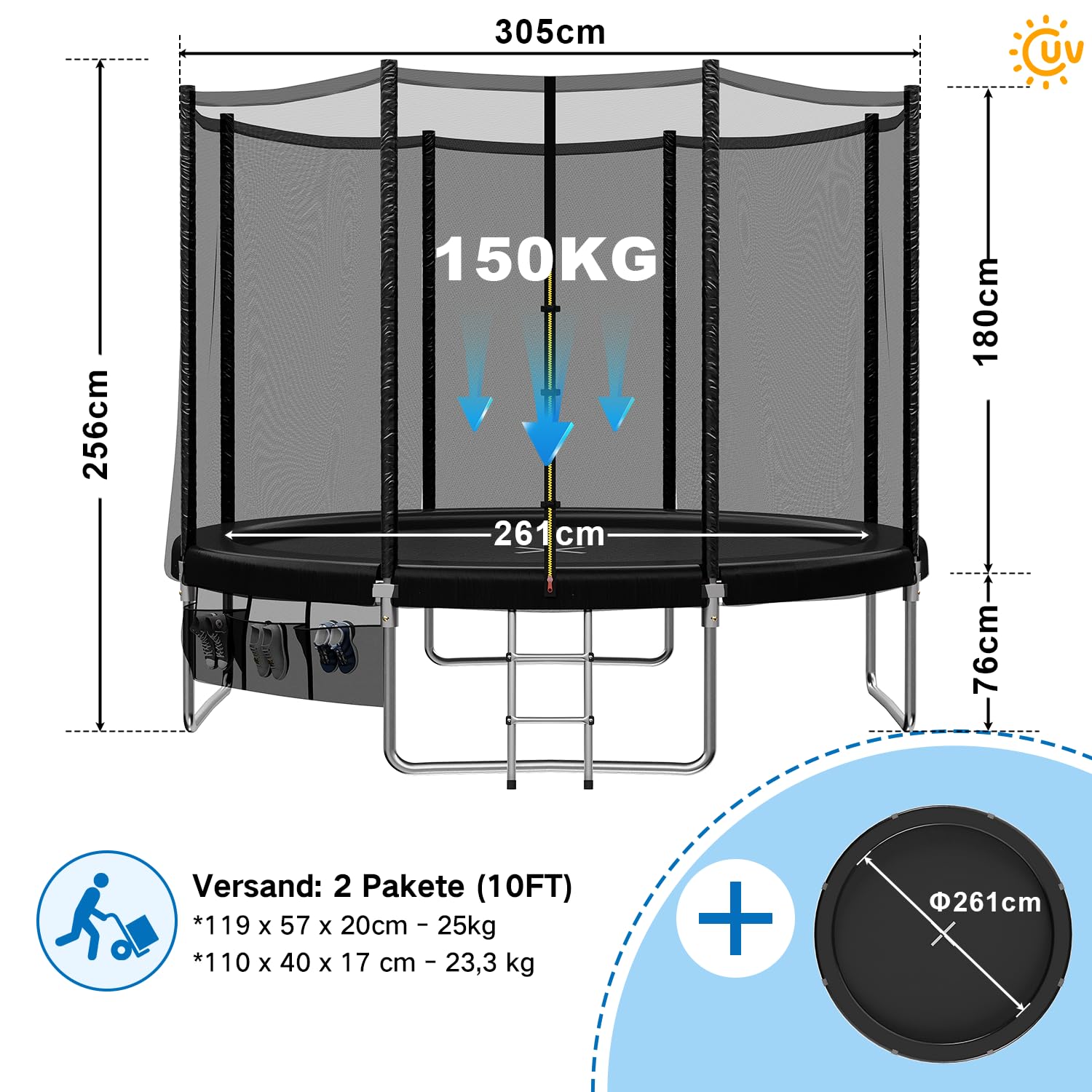Devoko Trampolina Ogrodowa dla Dzieci Ø 183/228/305/366/427 cm, Zestaw z Siatką Bezpieczeństwa, Drabinką, Pokrowcem i Siatką na Buty | Mata Elastyczna 150 kg | TÜV