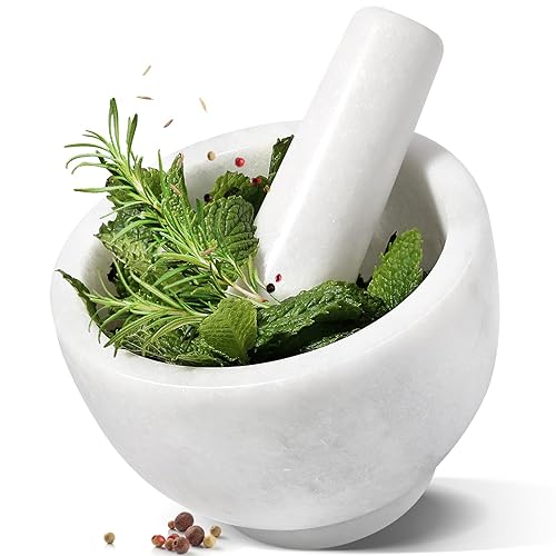 Koville Juego de mortero y mortero de mármol, tazón de molinillo de 5 a 1.5 tazas para guacamole, salsa, trituradora de píldoras, especias, hierbas,