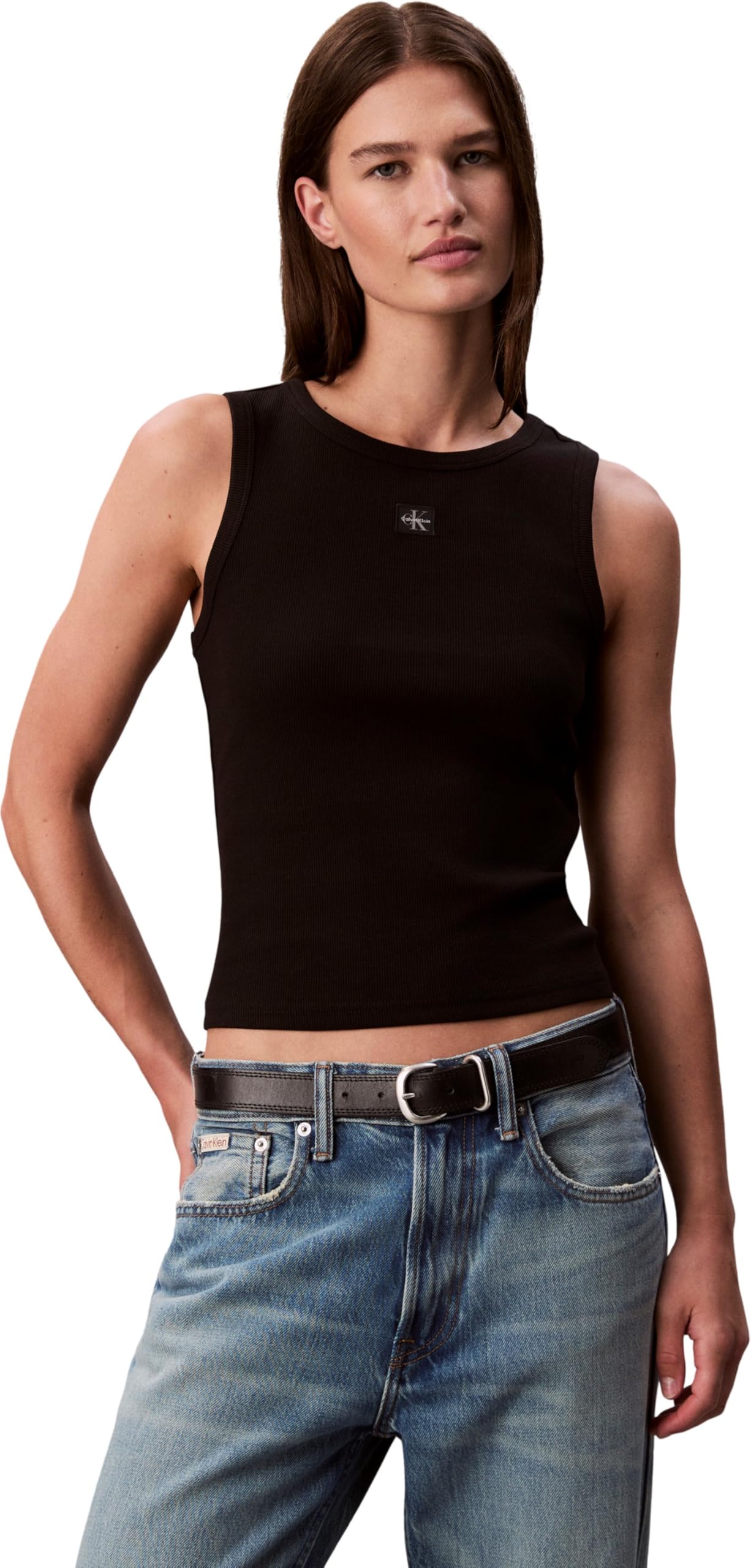 Calvin Klein Damen Tank Top | Damen Tank Top | Woven Label Cotton Rib mit Logo, Schwarz, Größe L