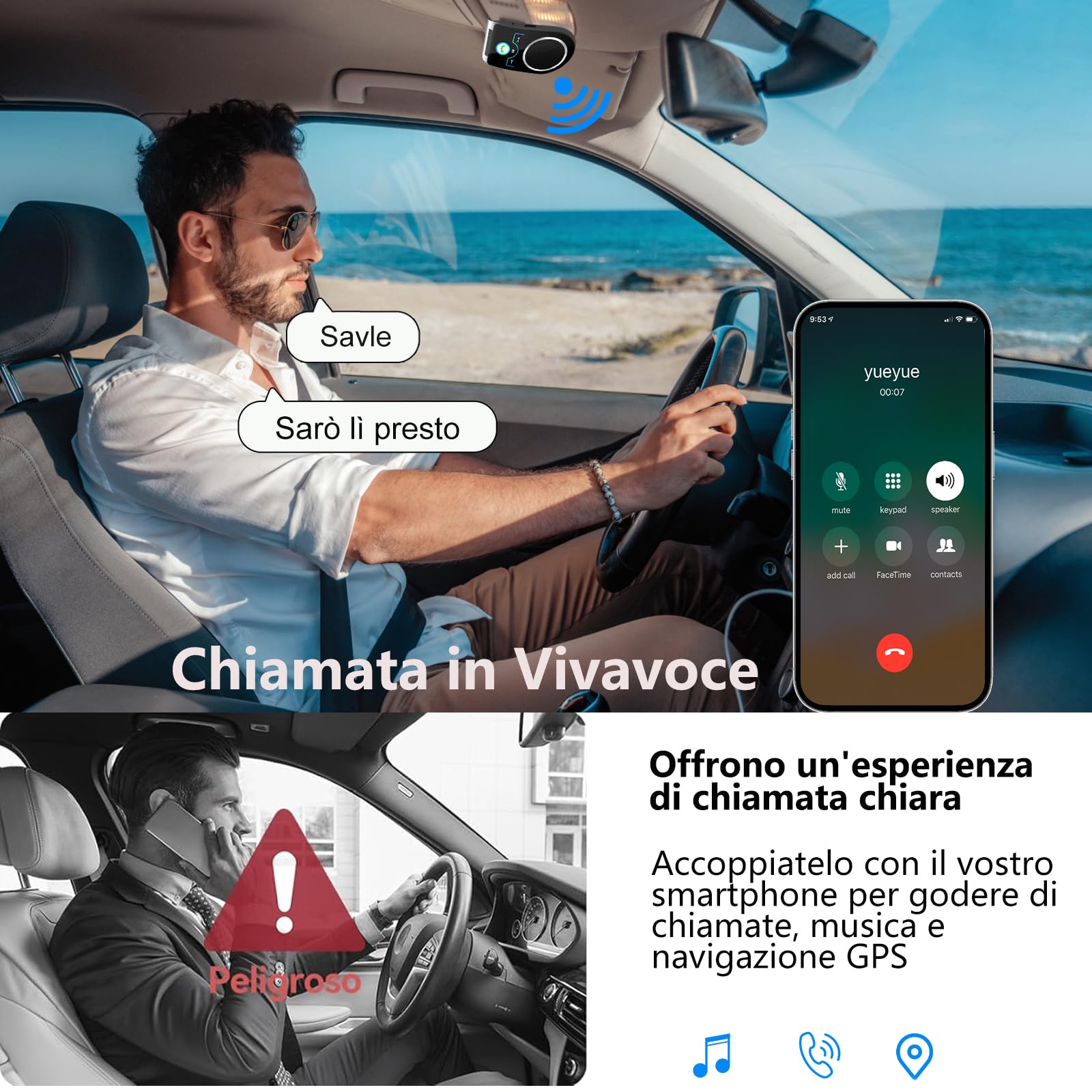 Kit Vivavoce Bluetooth 5.0 per Auto, Microfono Integrato,Vivavoce da Auto Bluetooth per Chiamate Viva Voce, Musicale, GPS, Connettività Dual Link, iOS Siri e Vocale Assistant
