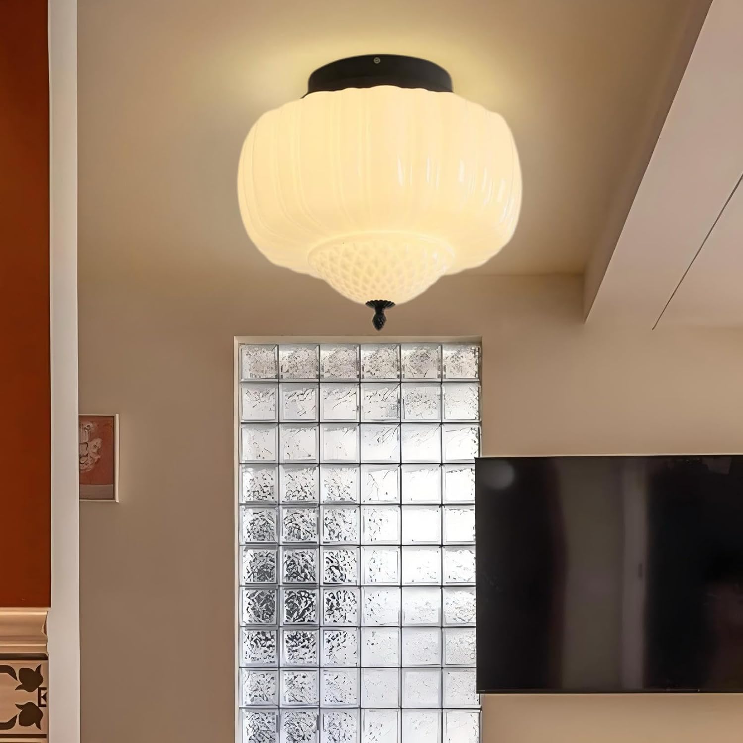Vintage 3-Lights Milk Glass Ceiling Light, Mid Century Semi Flush Mount Ceiling Light Fixture, Chandelier for Living Room Dining Room Hallway Bedroom, 13.8 Inch, Diamond Shape