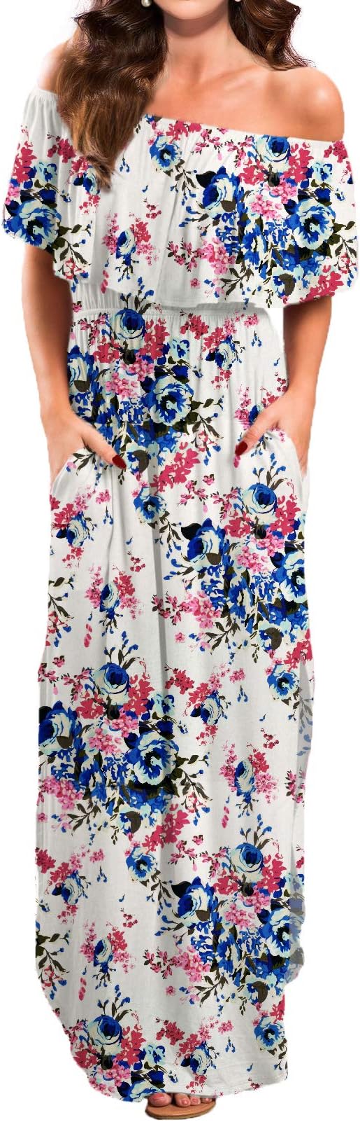 VERABENDI Women's Off Shoulder Summer Casual Long Ruffle Beach Maxi Dress with Pockets