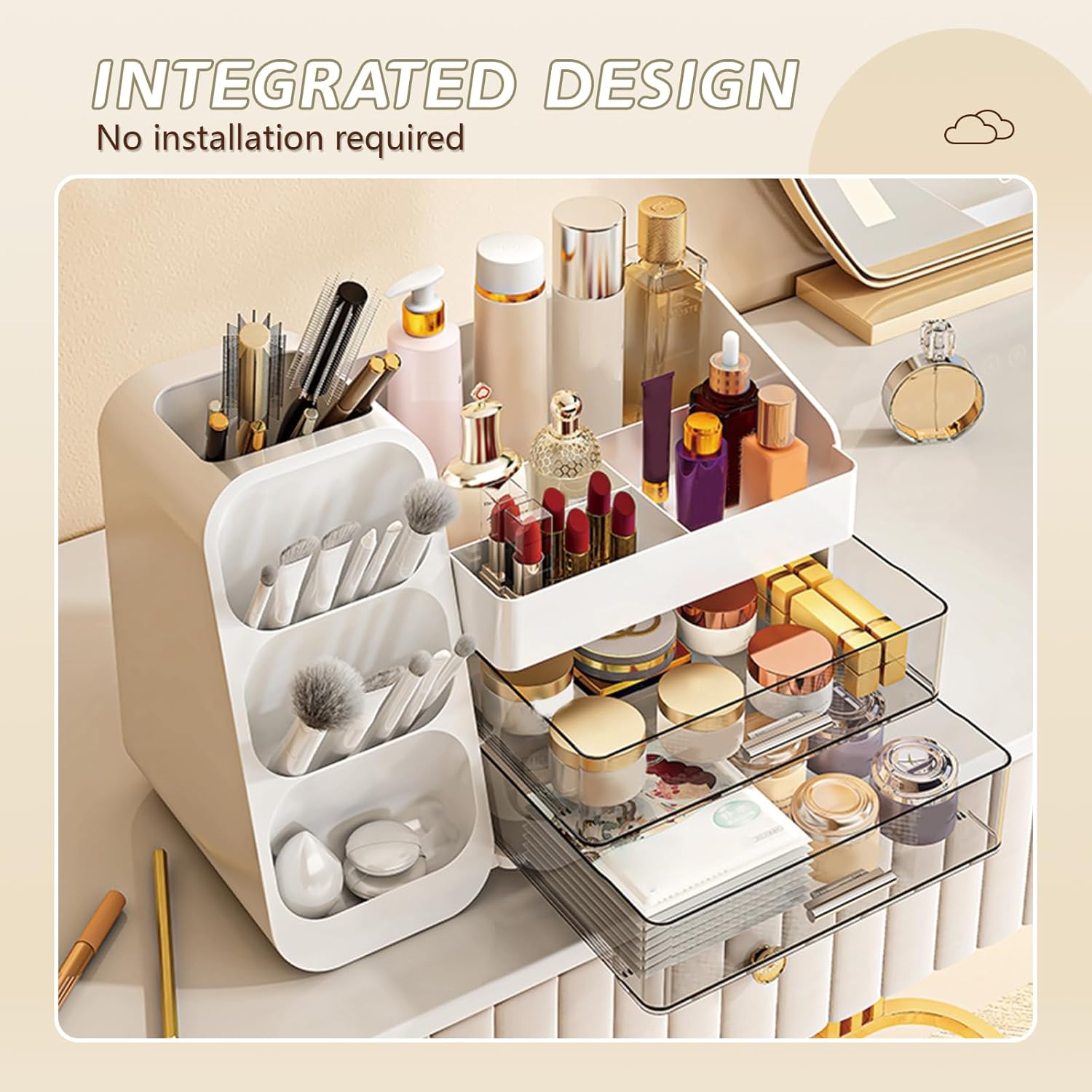 Makeup Organizer with Drawers, Large Capacity Cosmetics Display Case, stationery storage box, bathroom beauty storage suitable for your beauty essentials (white)