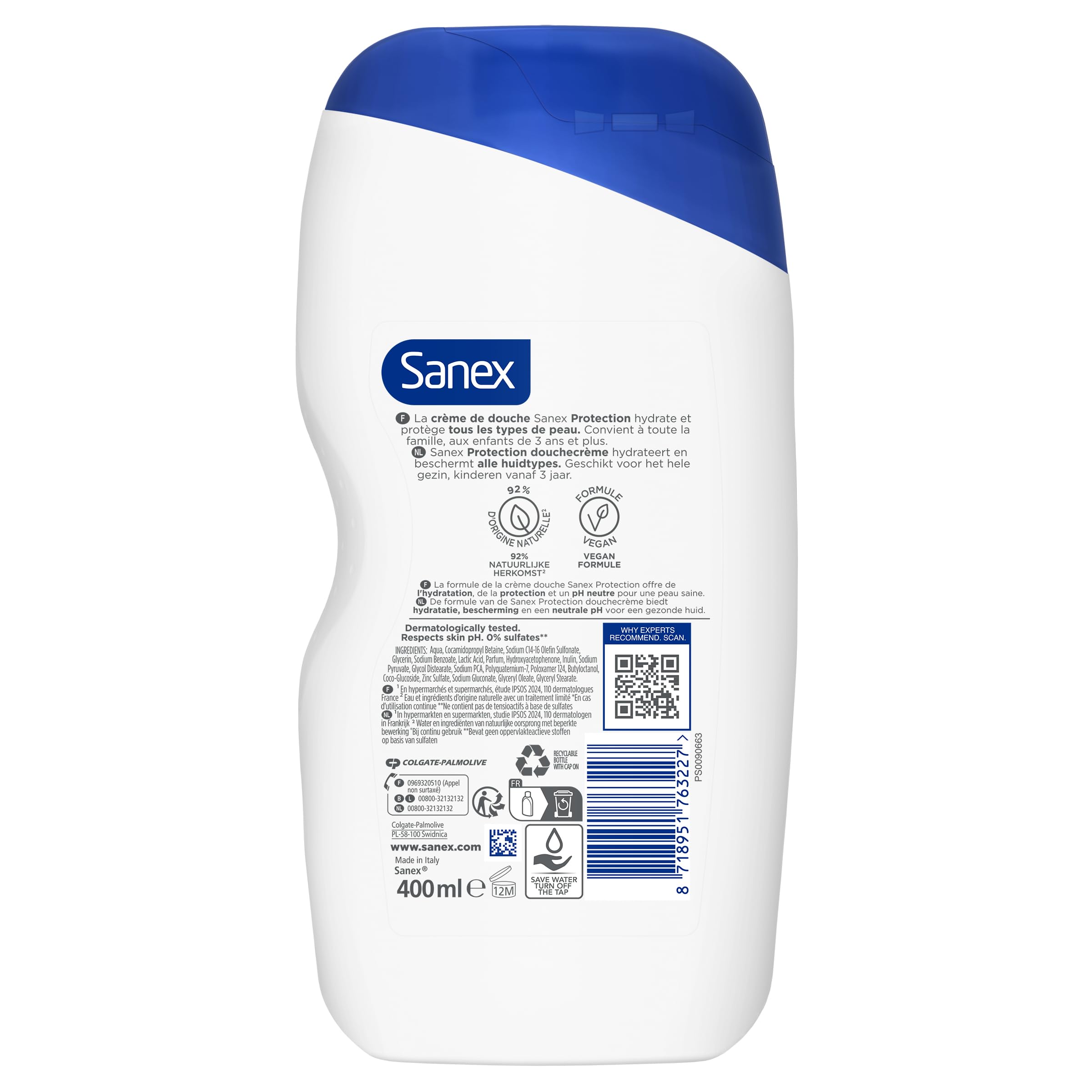SANEX - Ochrona pod prysznic - Nawilża i chroni - Nawilżenie 12 godzin - Wszystkie rodzaje skóry - Zestaw 12 x 400 ml