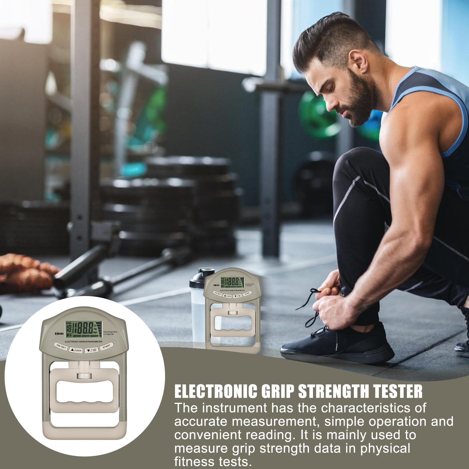 Appareil de musculation numérique à main - 90 kg - Avec câble de charge USB - Entraîneur de force de préhension électronique - Grand écran LED - Gris et blanc