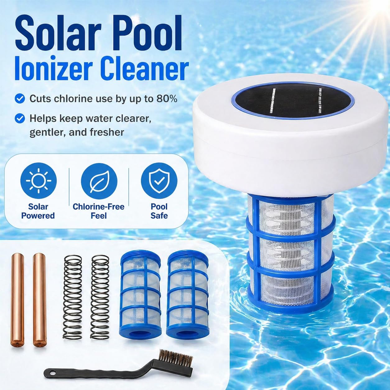 Limpiador ionizador Solar para Piscinas, purificador de Piscinas de Iones de Plata y Cobre con 2 Juegos de Accesorios, sin Cloro, para Piscinas elevadas, jacuzzis SPA
