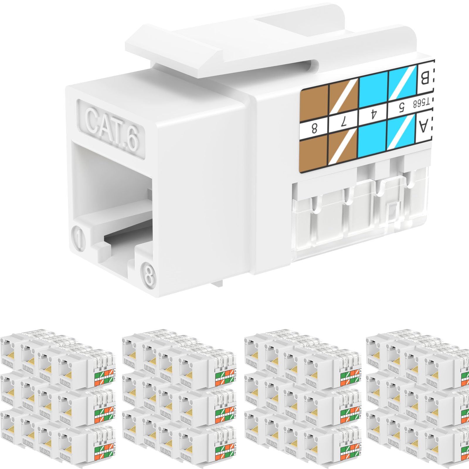 Rapink RJ45 Keystone Jack Cat6 10G Support, Keystone Jacks UTP 50 Pack for Wall Plate and Patch Panel, Rj45 Keystone 90 Degree White Color for Cat6, Cat5e, Cat5 Cabling
