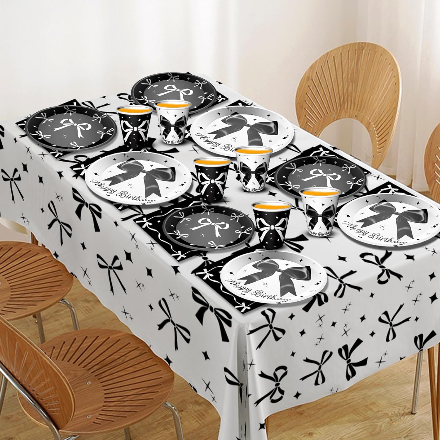 Black Bow Birthday Party Supplies Girl Coquette Birthday Party Decorations Includes Black Bow Plates Napkins Cups Tablecloth Banner for Bow Theme Party Decorations, Serve 24 - Image 4