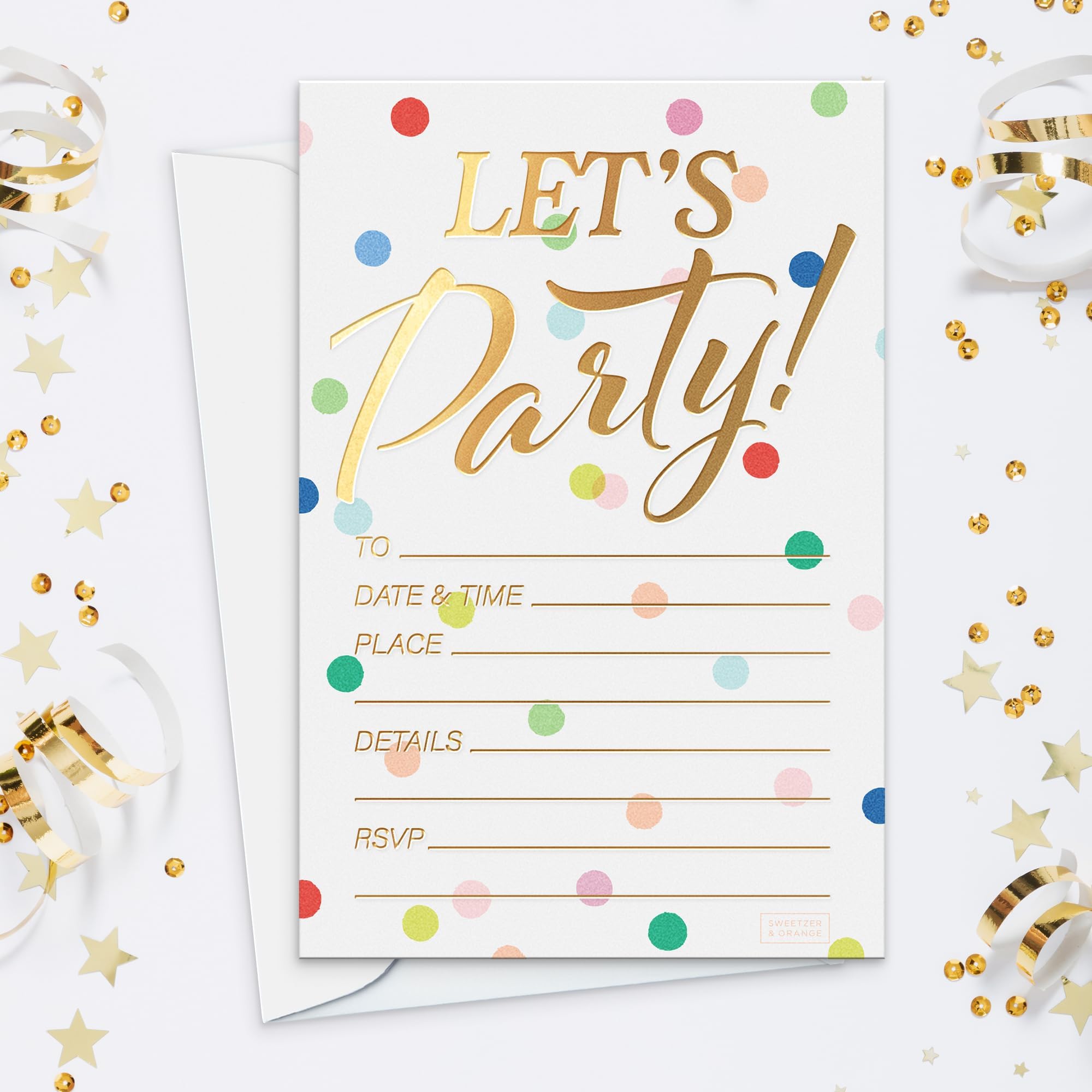 Sweetzer & Orange S&O Set of 25 Polka Dot Party Invites -Happy Birthday Invitations for Adult & Kids, Happy Day Decor Sheets with Envelopes for Boys & Girls - 4”x6 Cute Invite Cards
